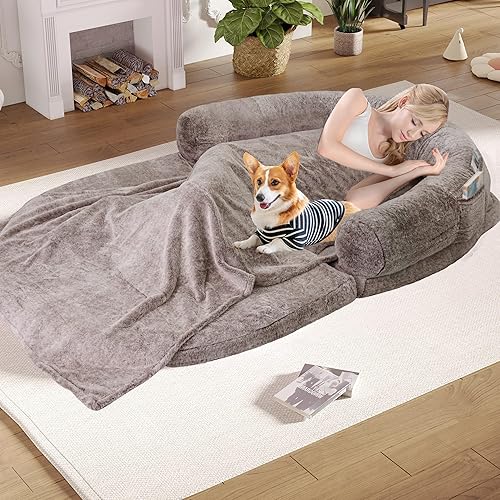 Miniatura 3 de Cama plegable 2 en 1 para humanos y perros, 72 x 48 x 11 pulgadas, cama ortopédica extragrande de espuma viscoelástica para adultos y mascotas, piel