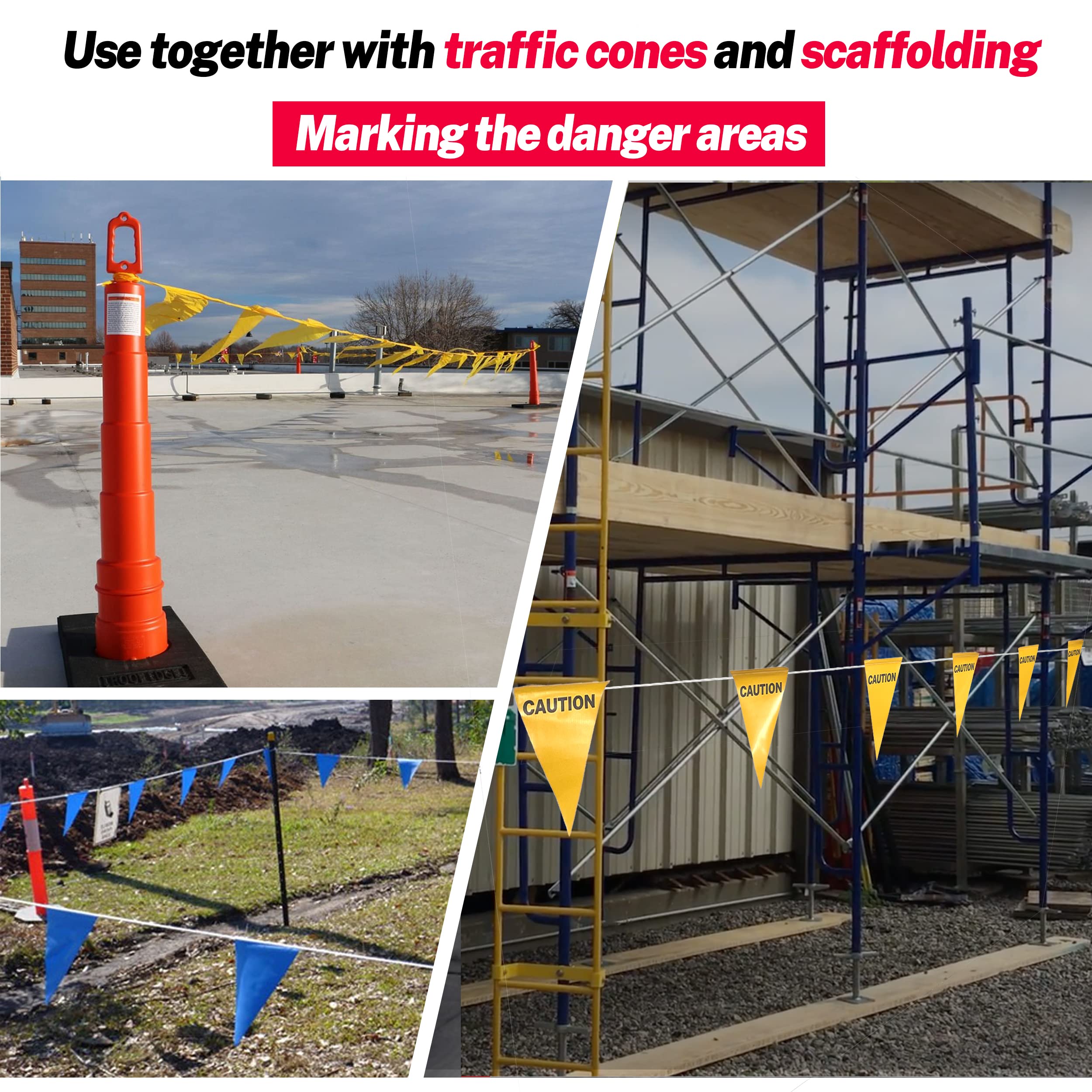 Fluorescent Orange OSHA Perimeter Marking Flags (102FT string) Warn of hazardous areas, traffic control.Marking construction sites, scaffolding, sporting events, private property. — Amazon image 4