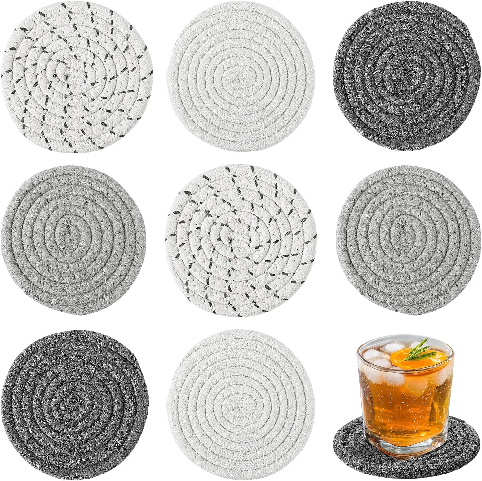 Handmade Woven Drink Coasters, 8 Pcs Boho Absorbent Coasters for Home Decor, Cotton for Farmhouse Table Kinds of Cups New House Gift(4.3in, Grey/White)