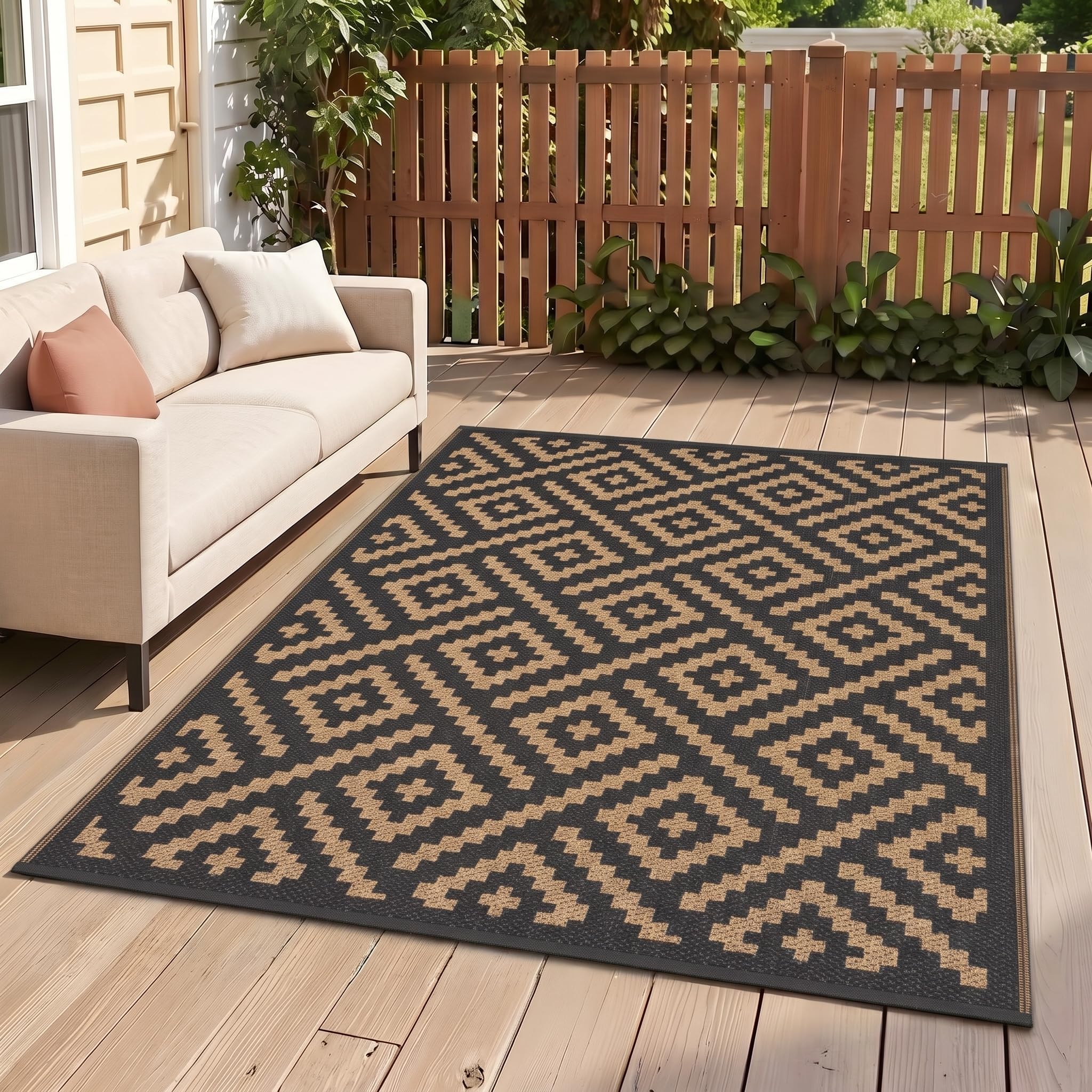 GENIMO Waterproof Outdoor Rug Reversible Garden Carpet 240x300cm Blackbrown