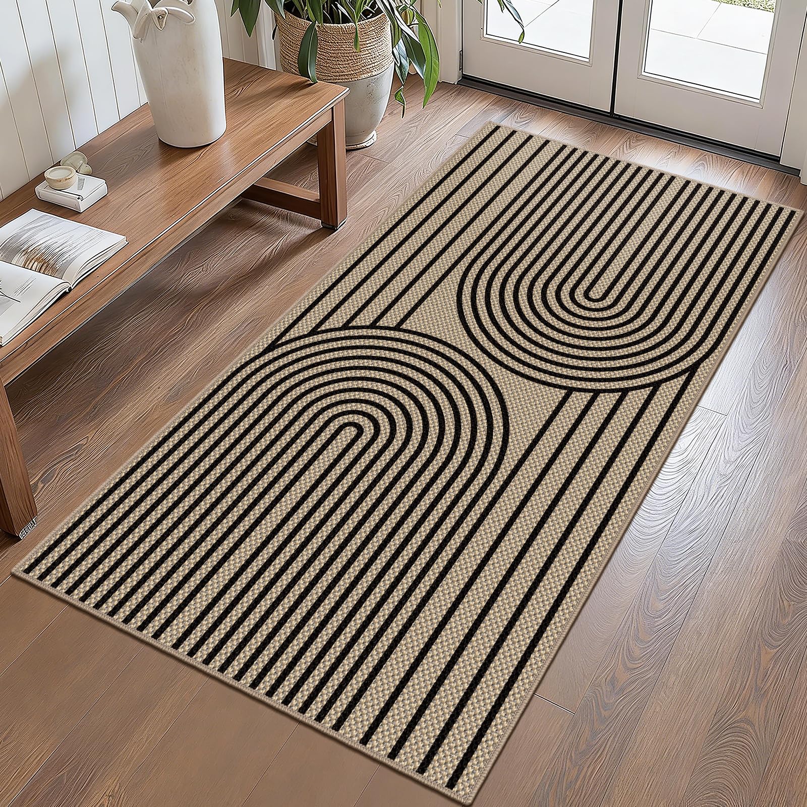 Teppich Läufer Flur 80x150cm, Jute Aussehen Küchenteppich, Waschbarer Teppich Flur, rutschfest Küchenläufer, Schwarz Outdoor Teppich für Küche, Wohnzimmer, Schlafzimmer, Diele, Eingang, Balkon