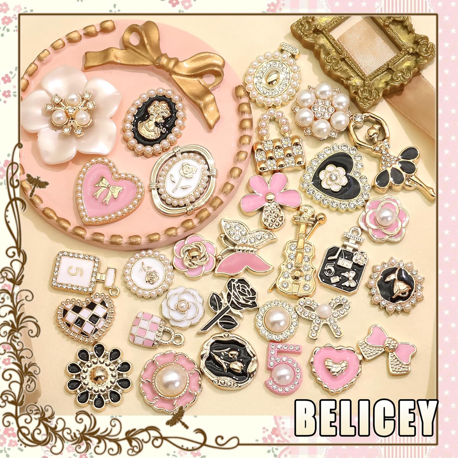 BELICEY Junk Case Charms Kit Gold Pink Flower Big Charm for Junk Cases 3D Vintage Bow Heart Rose Phone Case Charms Flatback Butterfly for DIY Personalization - Image 5