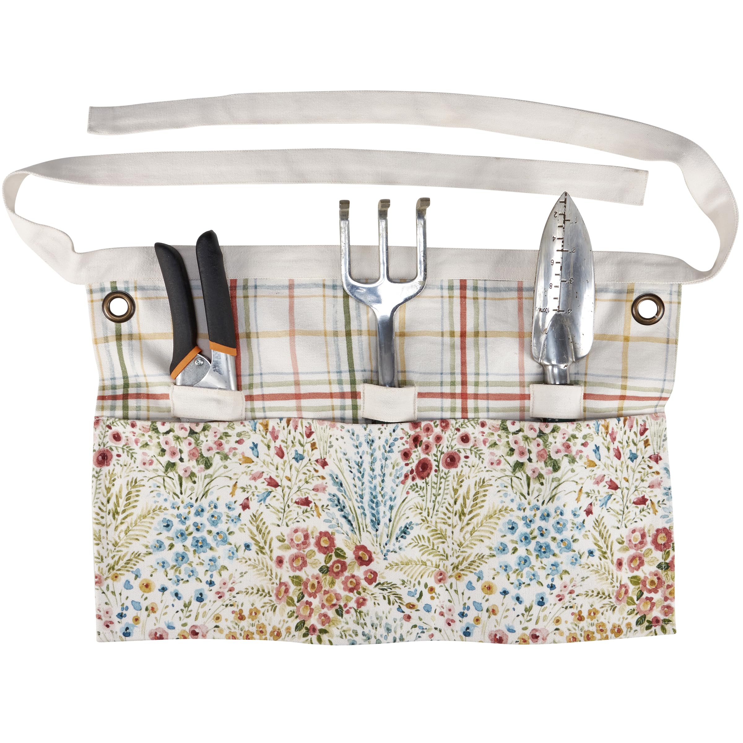Primitives by Kathy Mixed Floral Canvas Half Apron - Gardening or Tool Belt with Metal Acccessory Grommets, 3 pockets & waist ties - handpainted floral design with coordinating plaid pattern