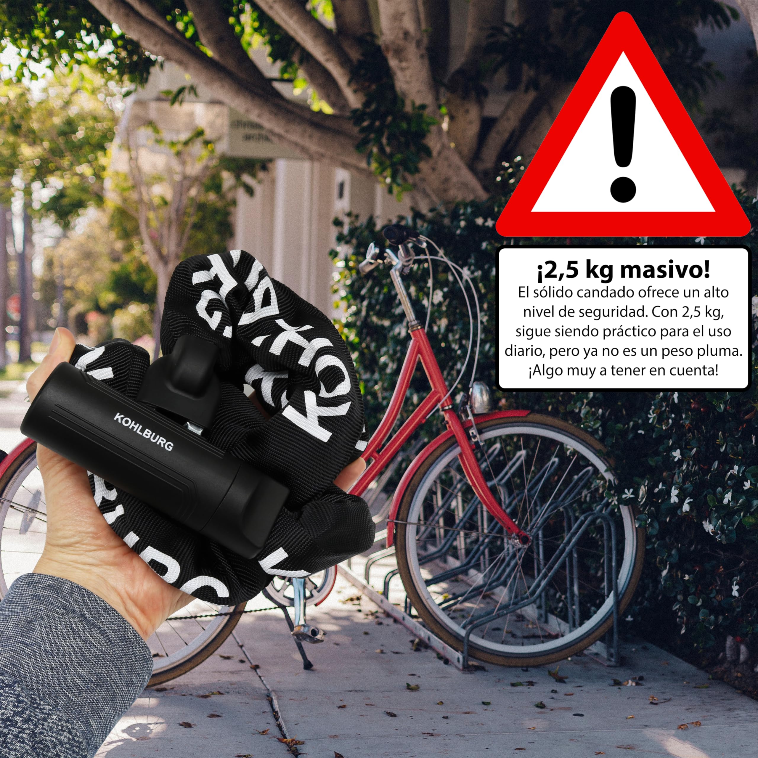 KOHLBURG antirrobo de cadena de seguridad – Cadena de 125 cm con eslabones cuadrados de 8,3 mm, acero especial endurecido – candado seguro con 4 llaves, apto para bicicletas eléctricas, bicis y motos