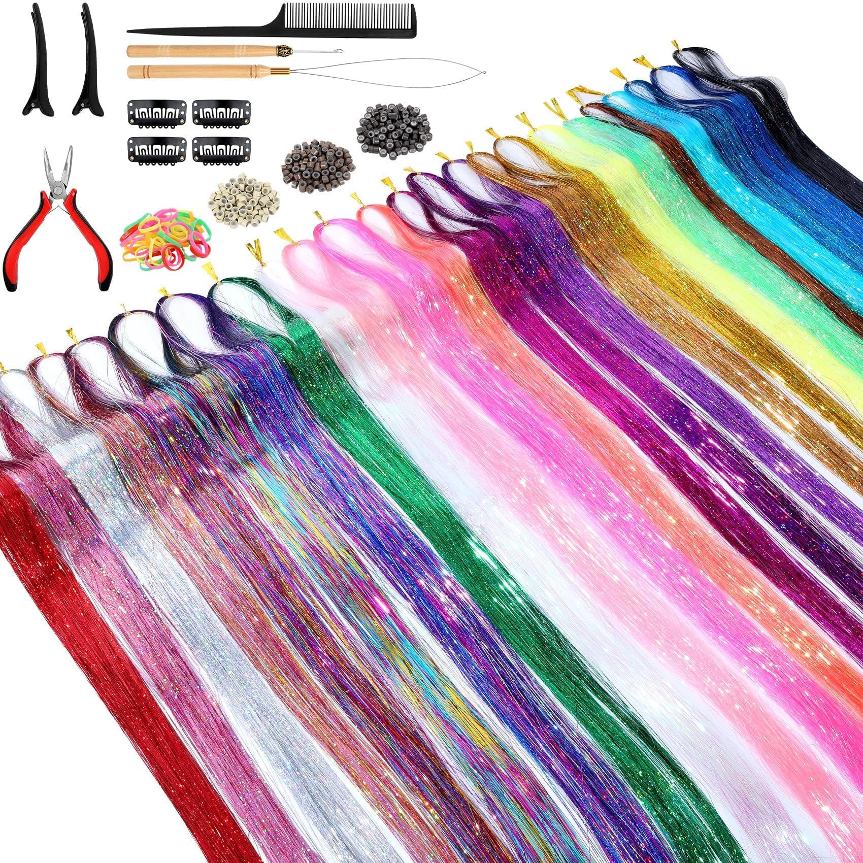 Hair Tinsel Extensions Kit with Tools (48 Inch, 24 Colors, 6000 Strands)