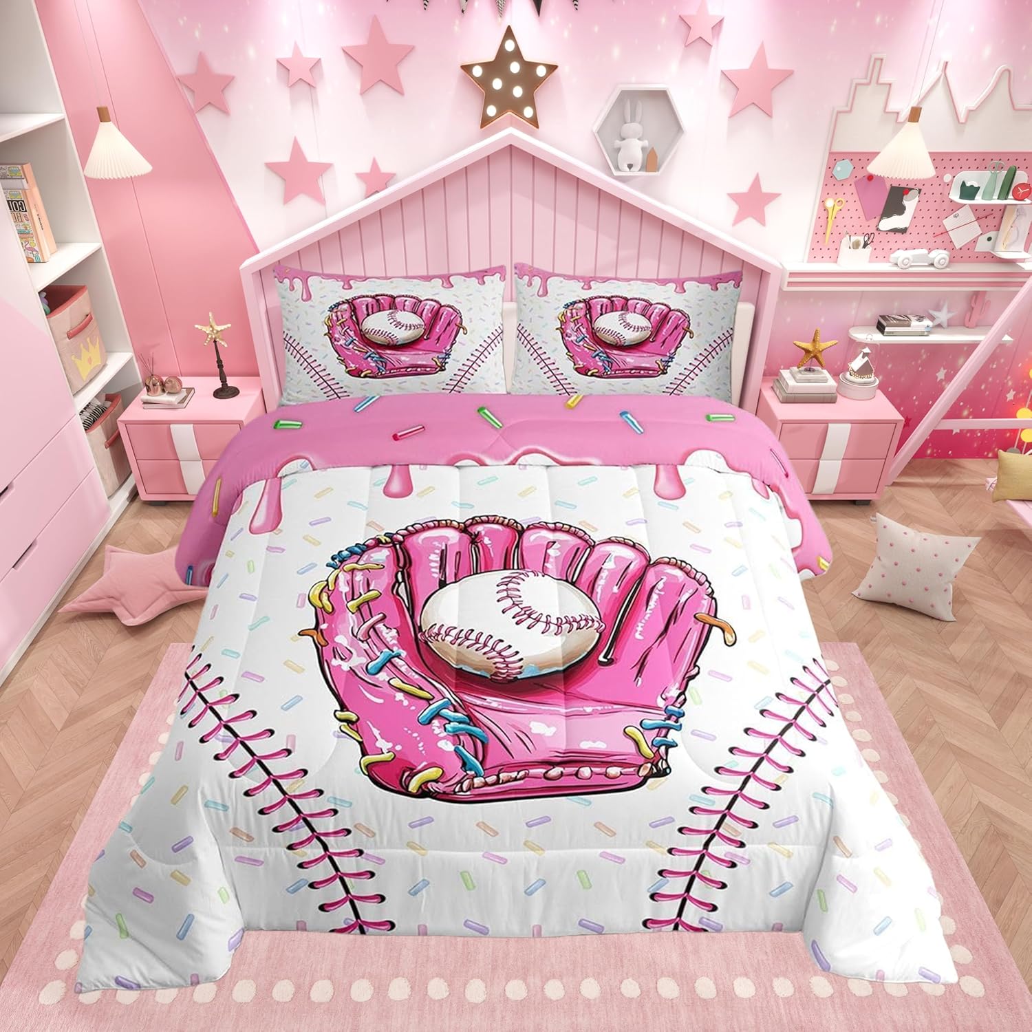 Manfei Ice Cream Drip Baseball Comforter Set Full Size,Baseball Ice Cream Pink Bedding Set 3pcs,Sports Gaming Down Comforter for All Season,Kids Boys Girls Room Decor,2 Pillowcases,No Sheets