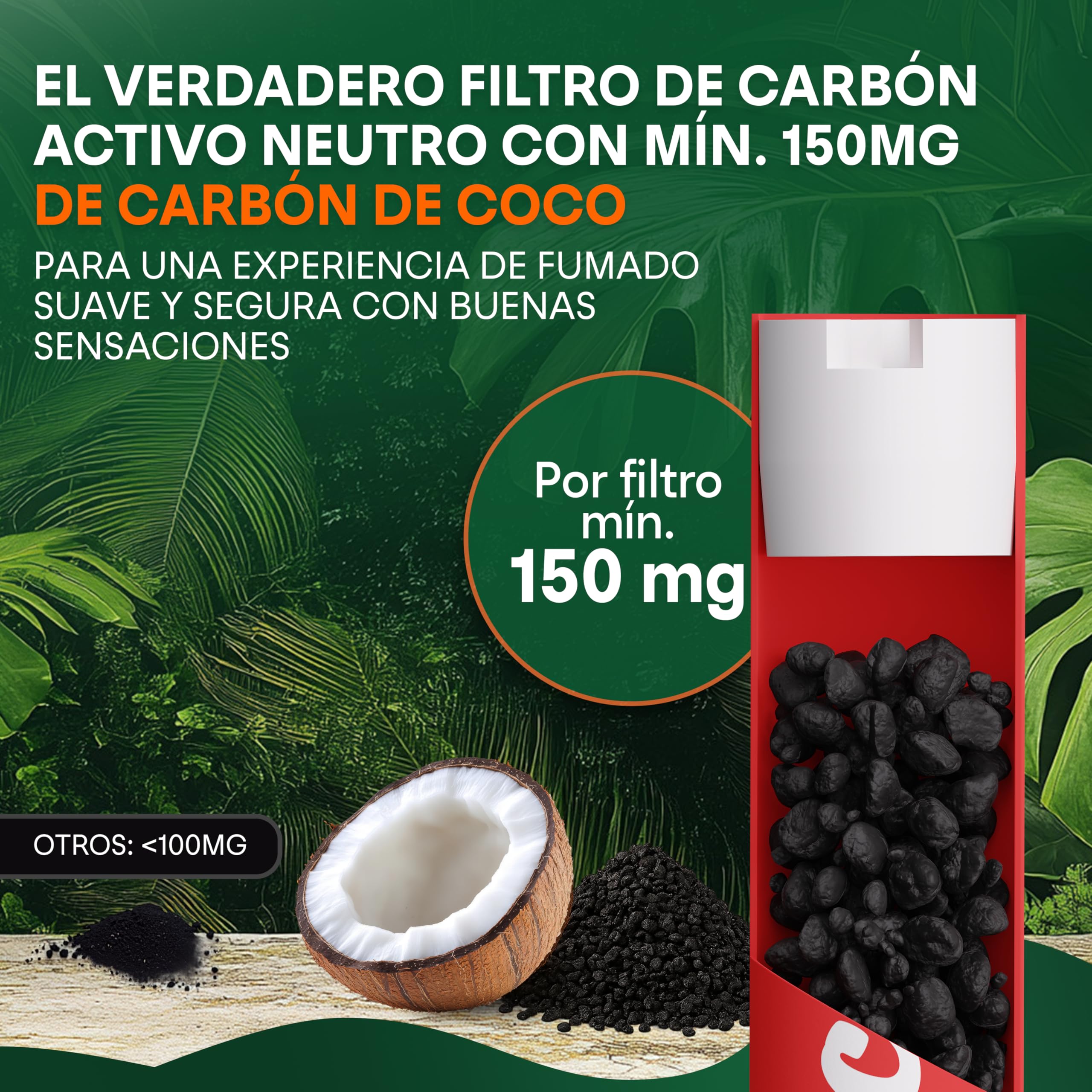 Filtros de carbón activado 6mm de cáscara de coco [550 uds.] | 500 + 50 puntas de filtro slim naturales con extremos de cerámica para cigarrillos liados a mano, 27mm, en bolsa resellable