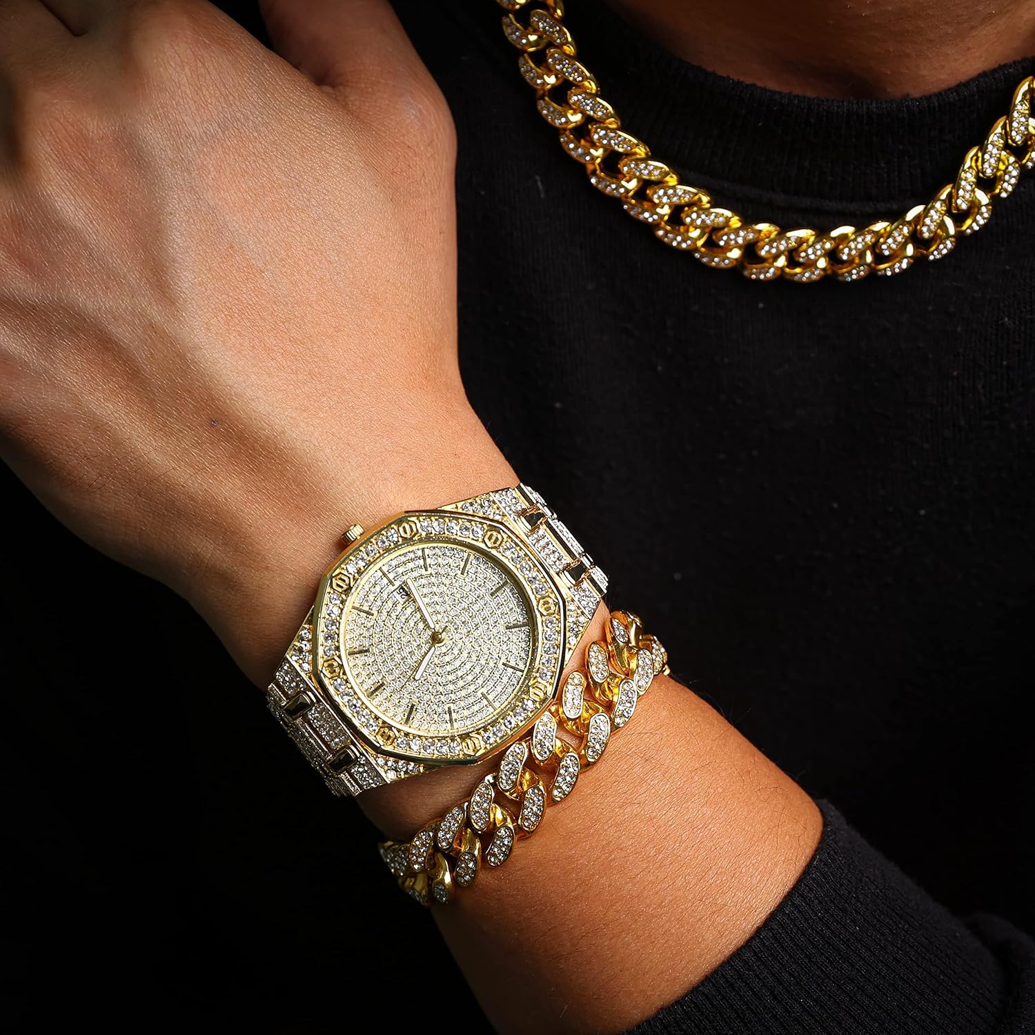 Halukakah Diamonds Gold Watch Iced Out,Men's 18K Real Gold/Platinum White Gold Plated 40MM Width Roman Numerals Dial Quartz Wristband 8.7" with Cuban Link Chain 8"+18" Necklace Bracelet,Free Giftbox