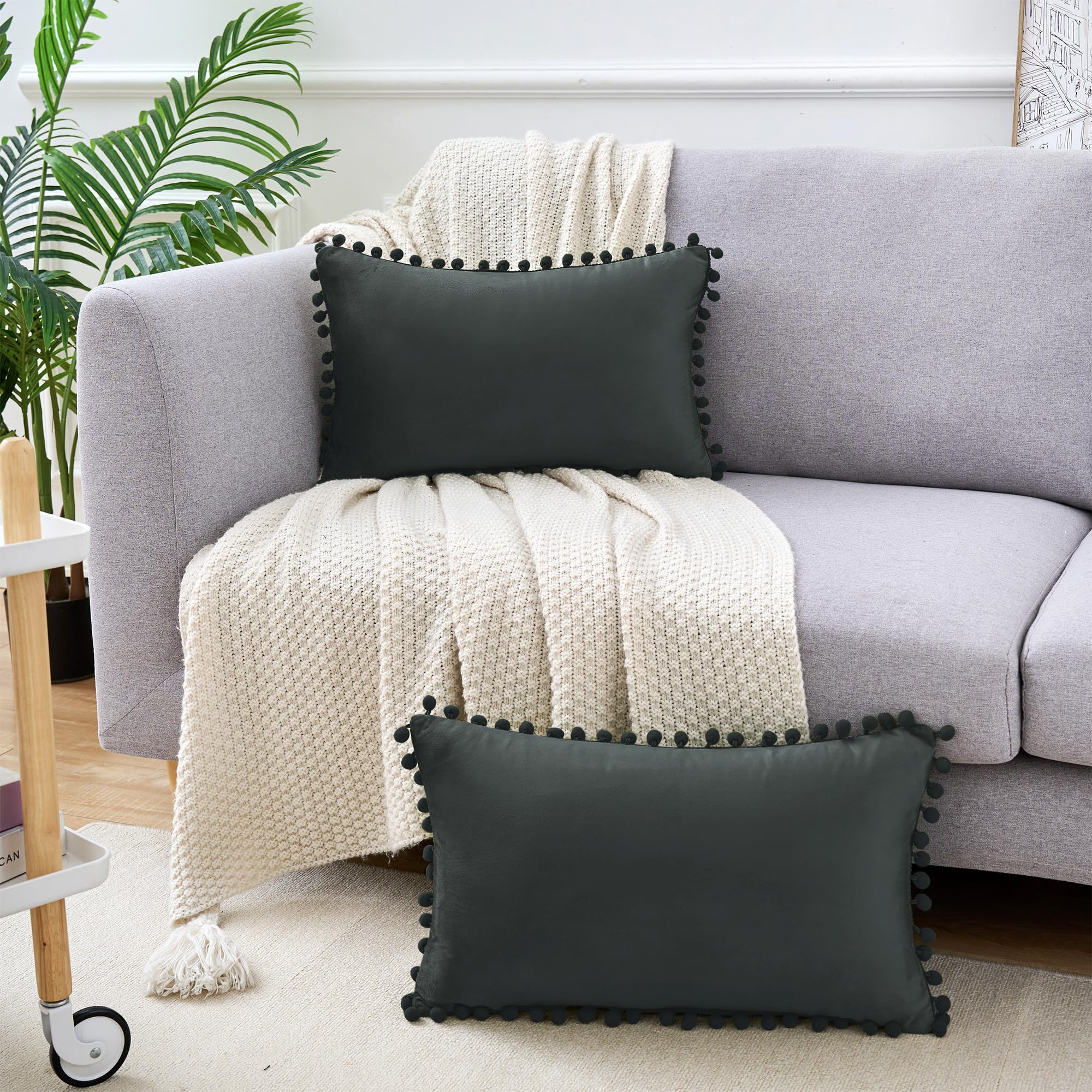 Uxcell Pack of 2 Velvet Throw Pillow Covers with Pompoms Decorative Pillow Cases Fringe Cushion Covers Velvet Square Sham for Farmhouse Bedroom Living Room Dark Gray 30 x 50 cm - Image 3