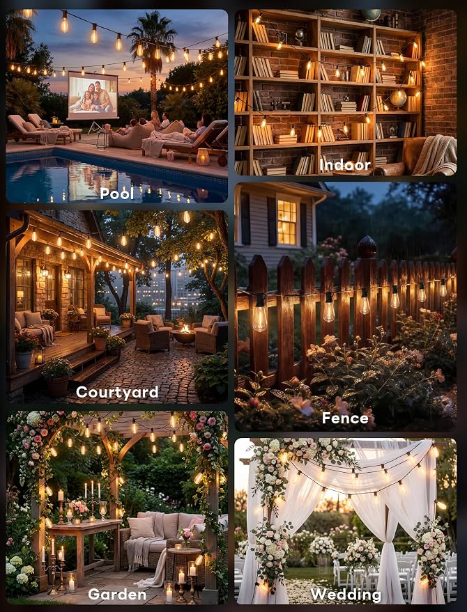 Cortinas de luces LED exteriores de 100 pies con 52 bombillas Edison resistentes miniatura 4