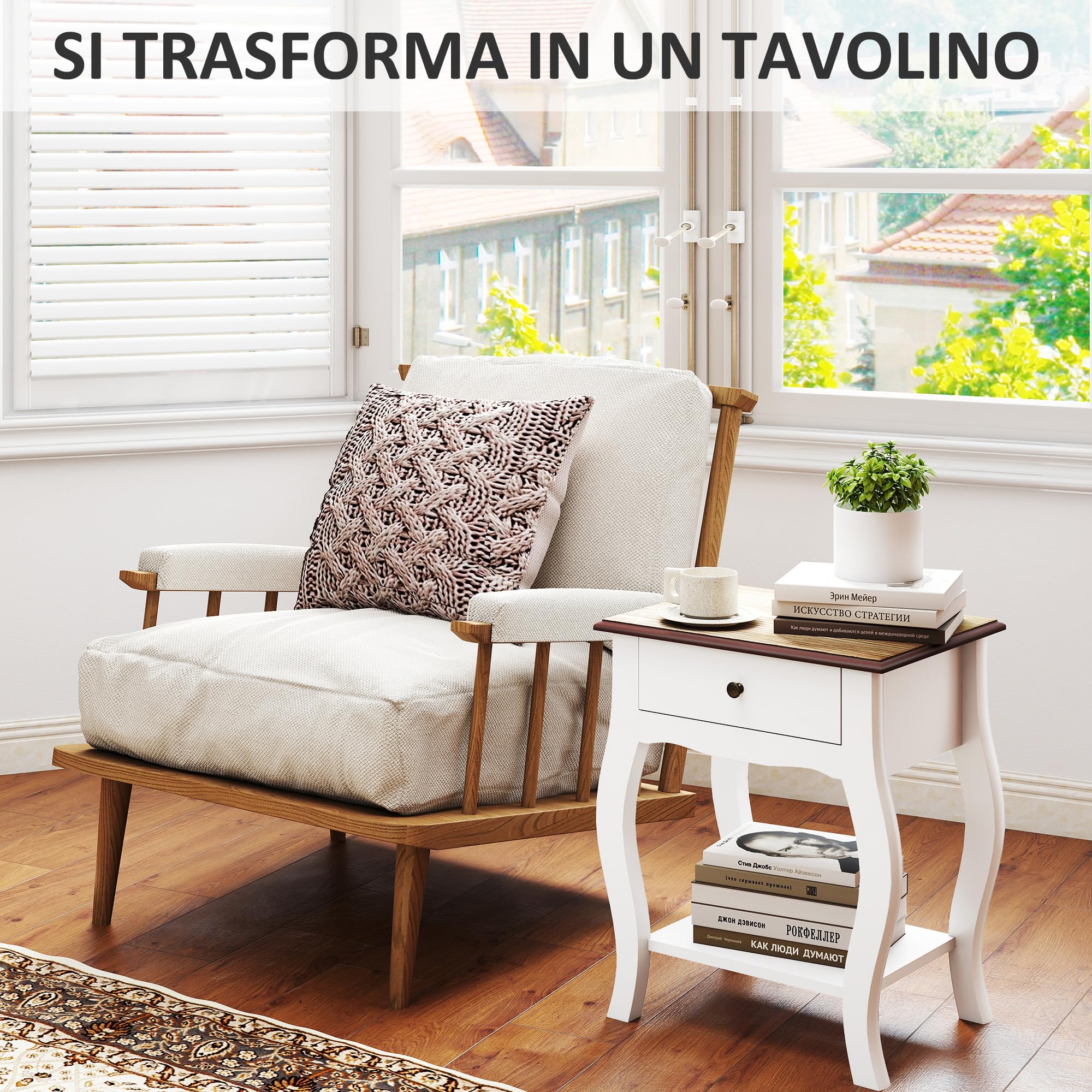 HOMCOM Comodino Camera da Letto con Cassetto e Ripiano Aperto in Stile Francese, Comodino Stretto Salvaspazio in MDF, 45x35x55 cm, Bianco e Rovere