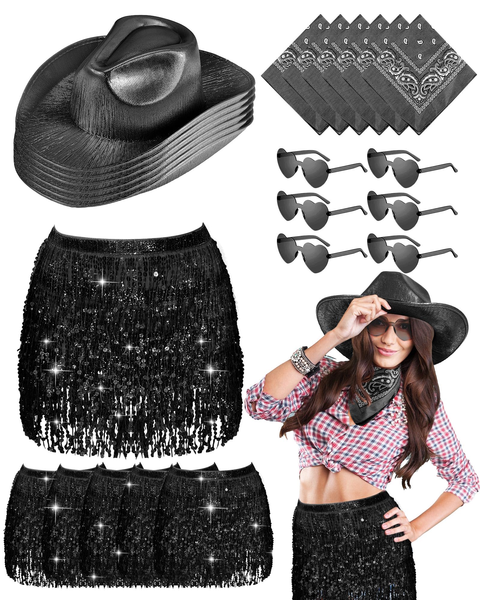 24 Pcs Cowgirl Hat Set 6 Bride Cowboy Hat 6 Belly Skirt 6 Bandanna 6 Heart Sunglasses for Wedding Bachelorette Party