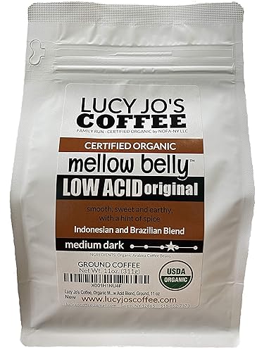 Lucy Jos Coffee Roastery Mezcla orgánica Mellow Belly de bajo ácido molida 11 oz 11 onzas