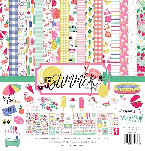 Echo Park Paper Company Best Summer Ever Collection Kit de papel, rosa, verde azulado, amarillo, verde, morado, 12 x 12 pulgadas