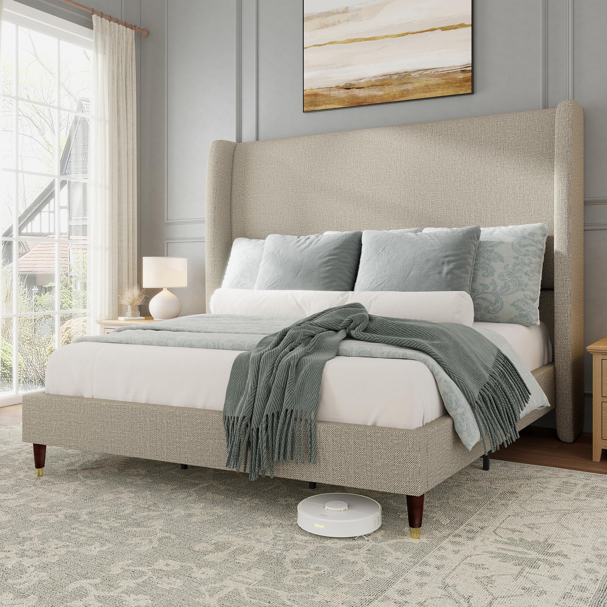 Jocisland King Upholstered Platform Bed Frame with 51.2" Tall Wingback Headboard–Solid Wood Legs, No Box Spring Needed, Brown Linen–Modern Style for Any Bedroom