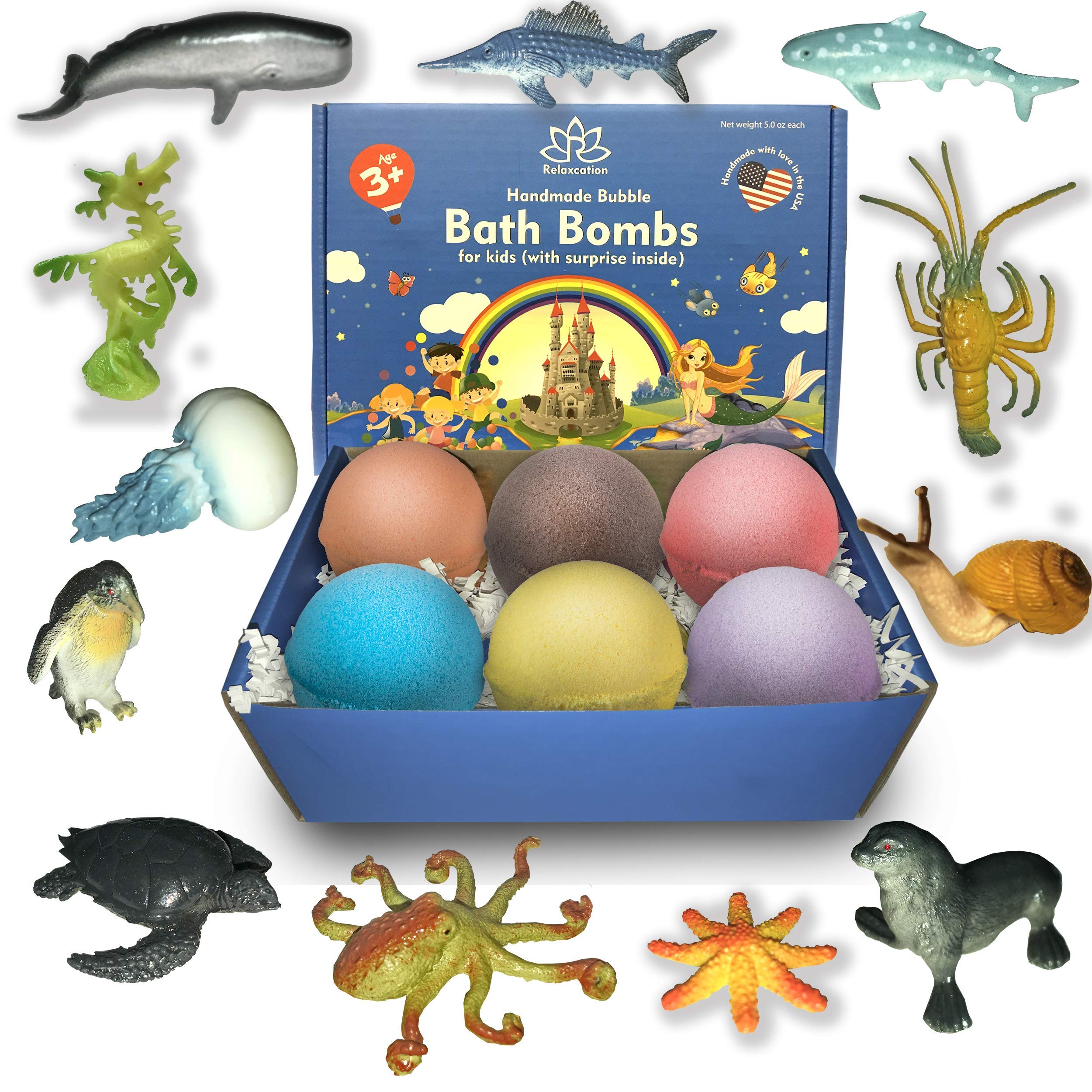 Bath Bombs for Kids with Surprise Inside SEA Animals Toys- Natural and Safe Bath Bombs Gift Set for Girls & Boys - Multicolored Organic Bubble Bath - Made in USA