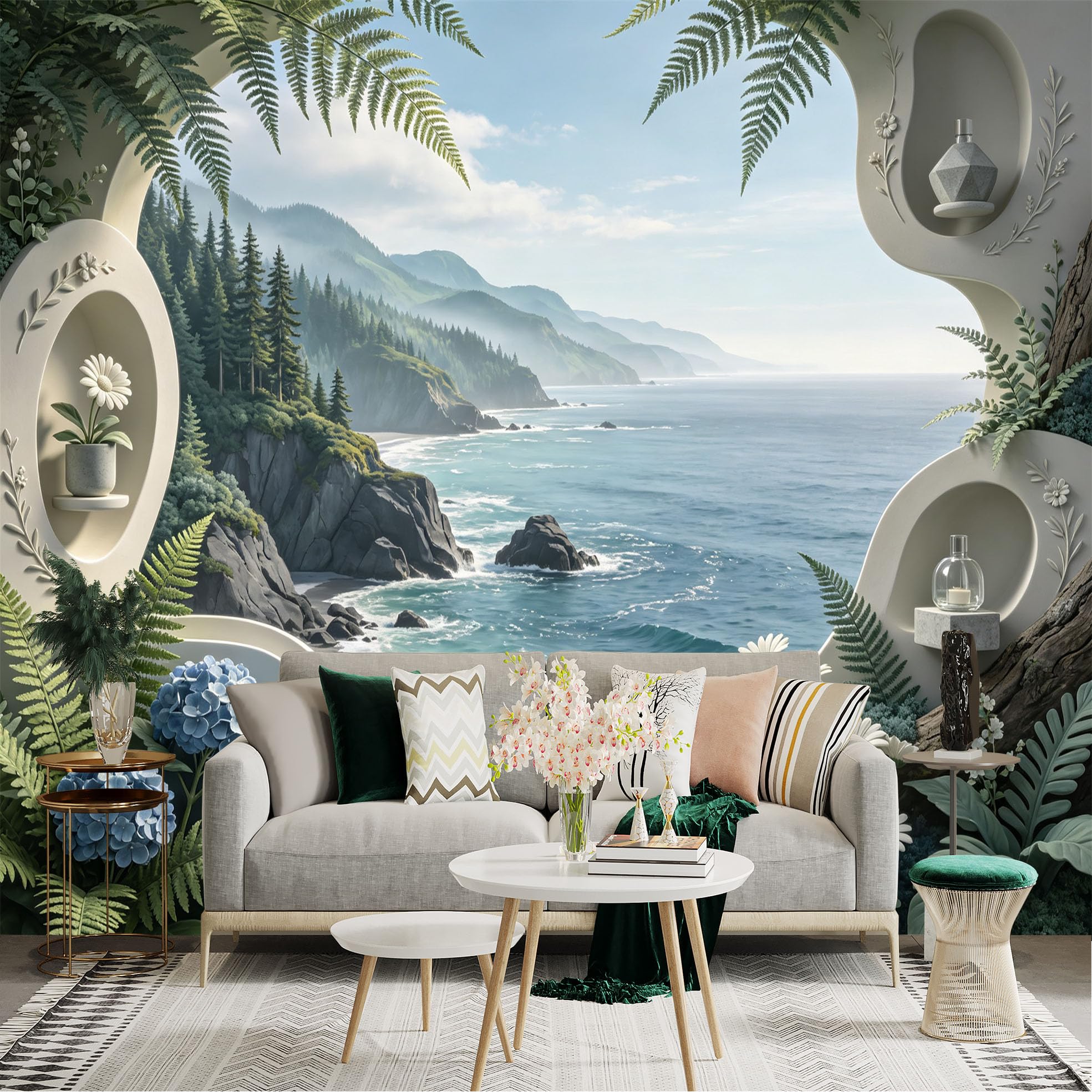 Lnzczhyre Bh260719337 Custom Size Wall Sticker Mural， Coastal Ocean View， Lush Forest Cliffs， Floral Archway Window， Serene Seaside Scenery， For Wall Decoration， Peelandstick Wall Decals.