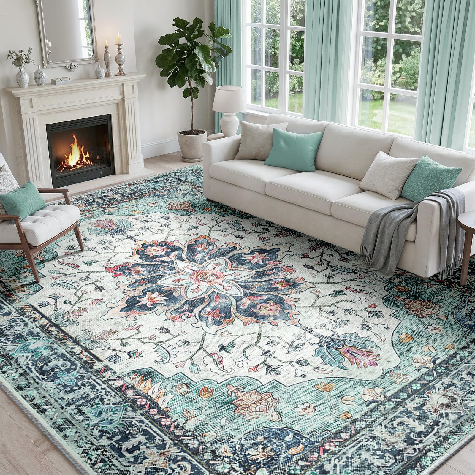 INOVADAY Machine Washable Rugs 240x300 cm Vintage Area Rug Low Pile Anti-Slip Carpet with Print Pattern for Living Room Bedroom Home Office Indoor Blue/Teal Green/Navy/Red โ image 1