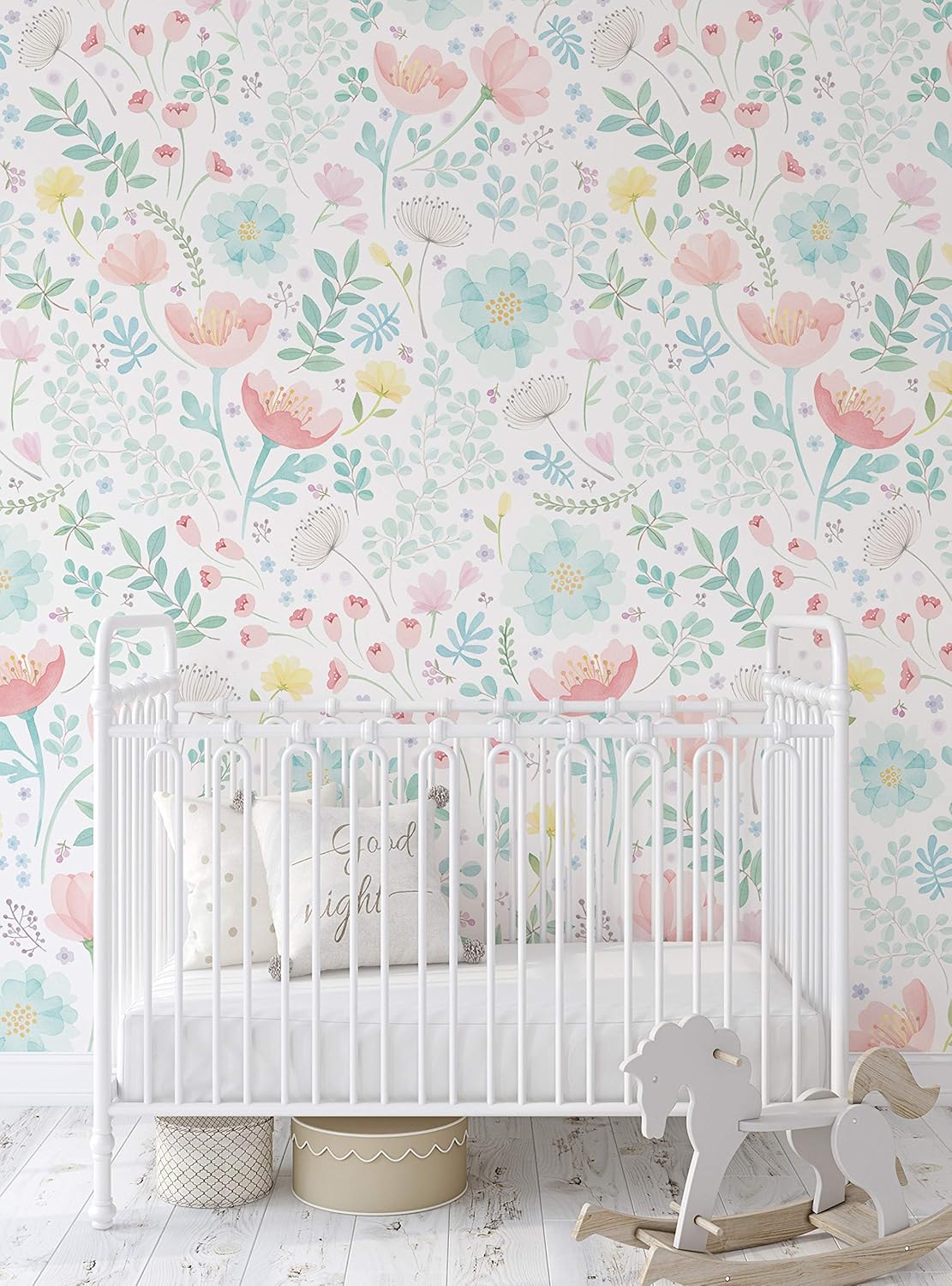 Simple Shapes Whimsy Floral Watercolor Mural Wall Art Wallpaper - Peel and Stick (2 Sheet Pack (2x9 feet), Coral Mint)