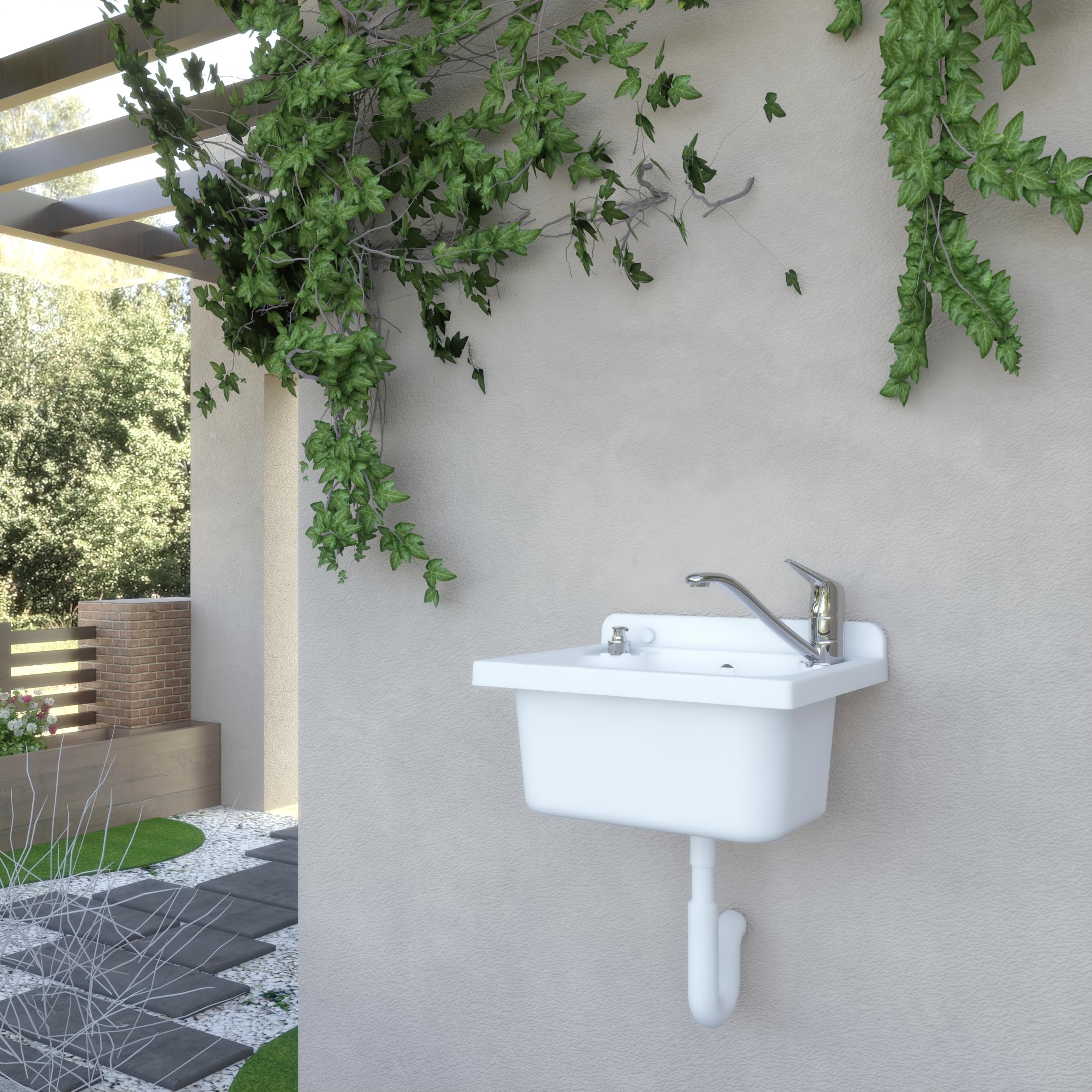 Negrari Lavandino Pilozzo a Muro in Resina PP, Resistente agli acidi di uso comune, Resistente all'umidità, Kit di scarico e di fissaggio inclusi, Interno e Esterno, L42 x P34 x H21 cm, Bianco