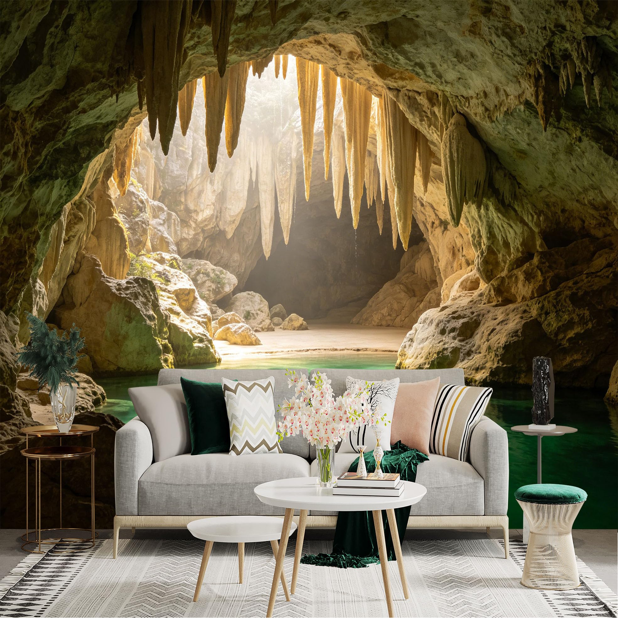 Lnzczhyre Dbh260521698 Custom Size Wall Sticker Mural， Natural Limestone Cave， Turquoise Underground Lake， Majestic Stalactites， Sunlight Seeping Through， For Wall Decoration， Peelandstick Wall Decals.