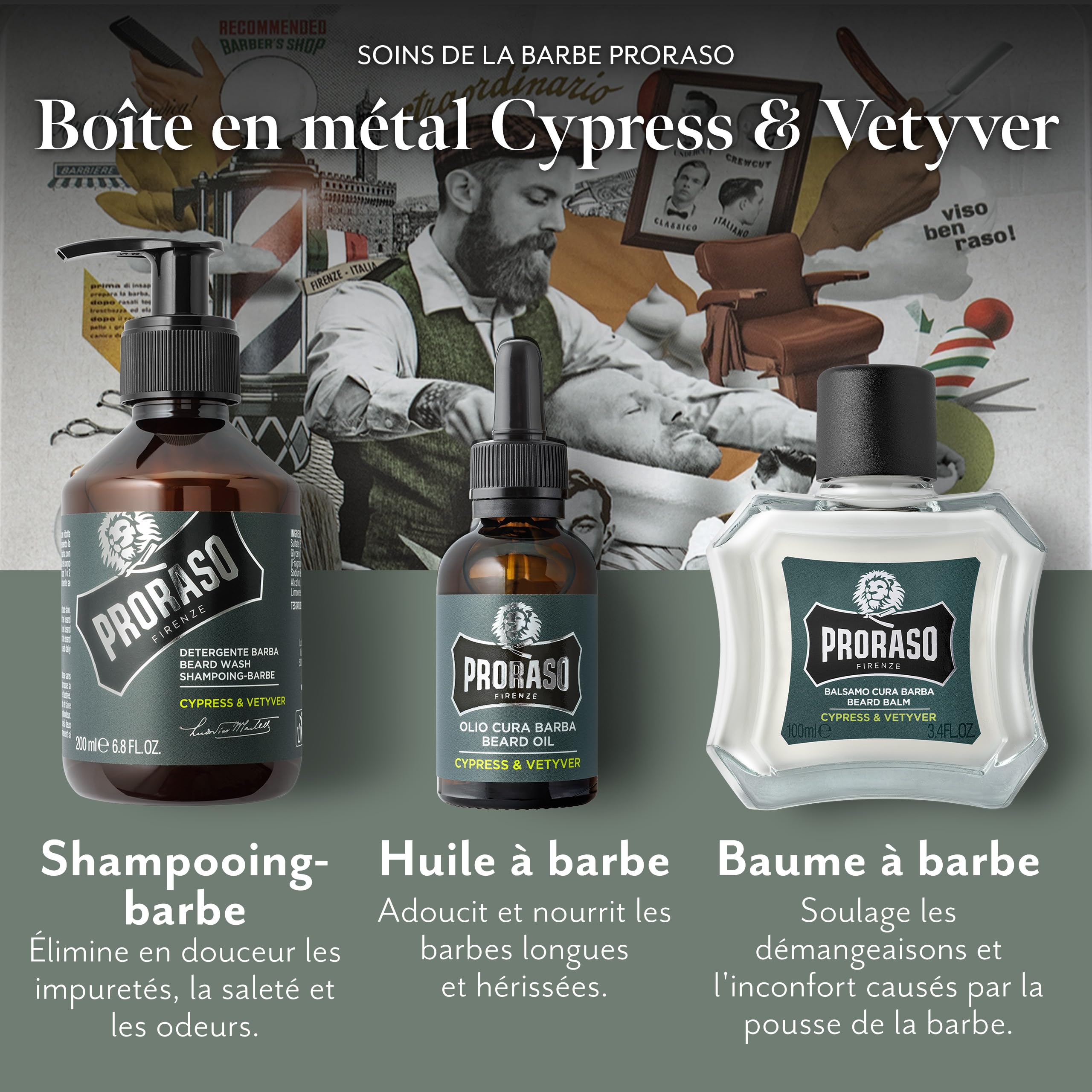 Proraso – Coffret de soin pour barbe Cypress & Vetyver – Coffret pour homme avec shampoing à barbe, huile à et baume à barbe – Fabriqué en Italie