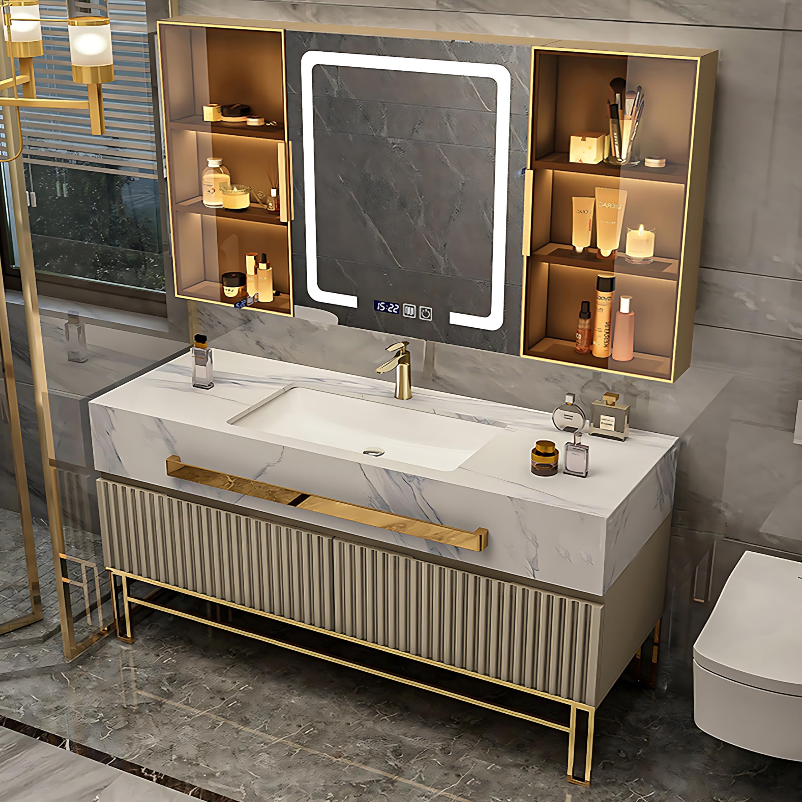 ZGNBSD Bathroom Vanity - Bathroom Vanity with Sink, Bathroom Vanities Set Includes Smart Led Fog Removal Lights & Mirror Side Cabinet (64")