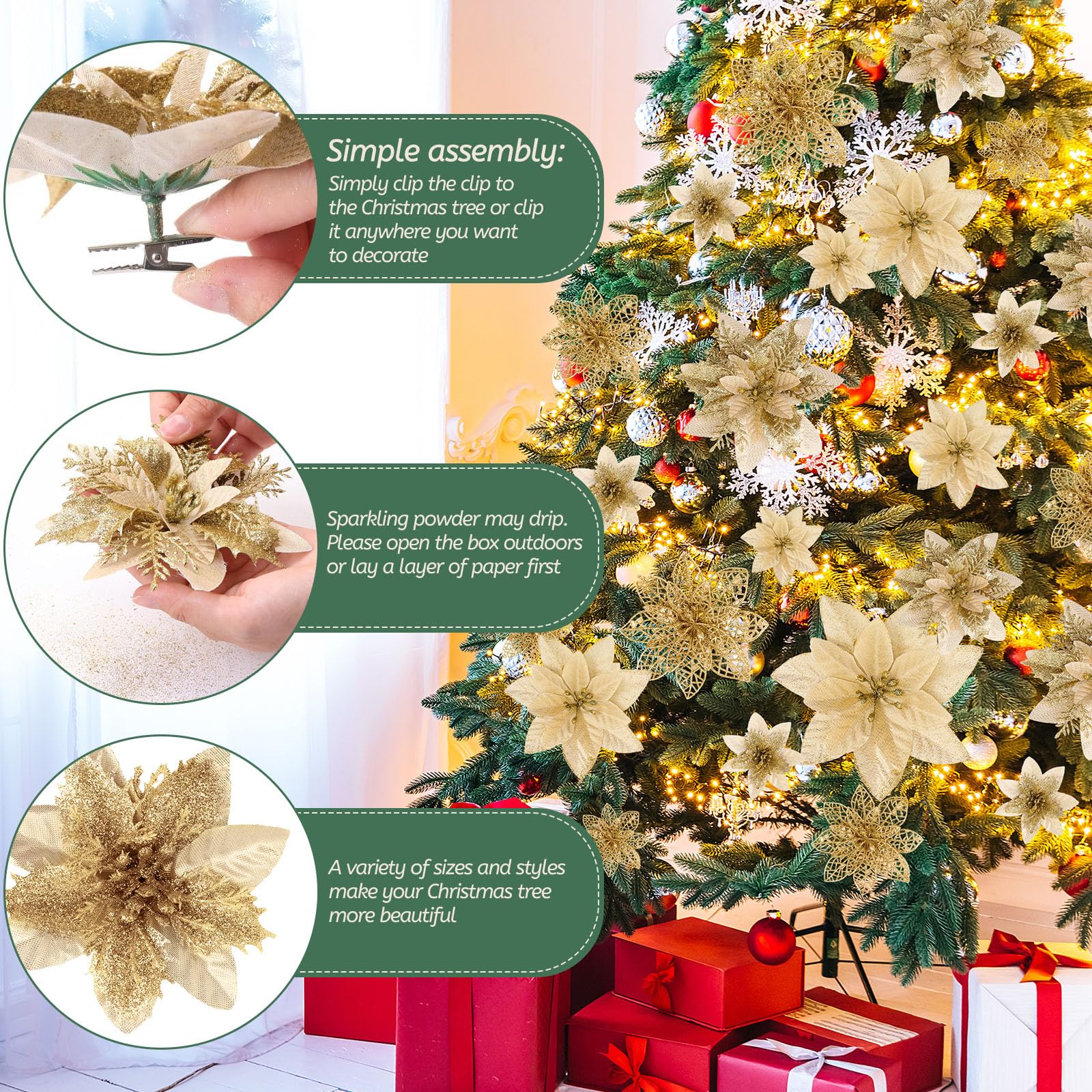 Amazon.co.jp: Zeyune 48個 クリスマス グリッター ポインセチア Xmas