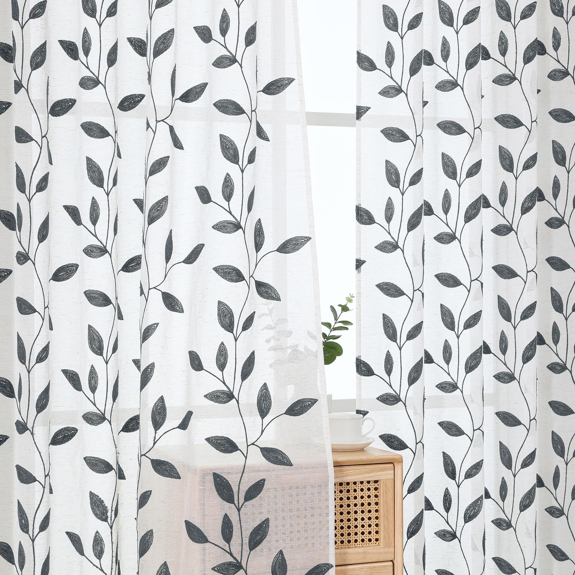 Grey Sheer Curtains - Embroidered Leaf Drapes -20 Grey Sheer Curtains - Embroidered Leaf Drapes -20