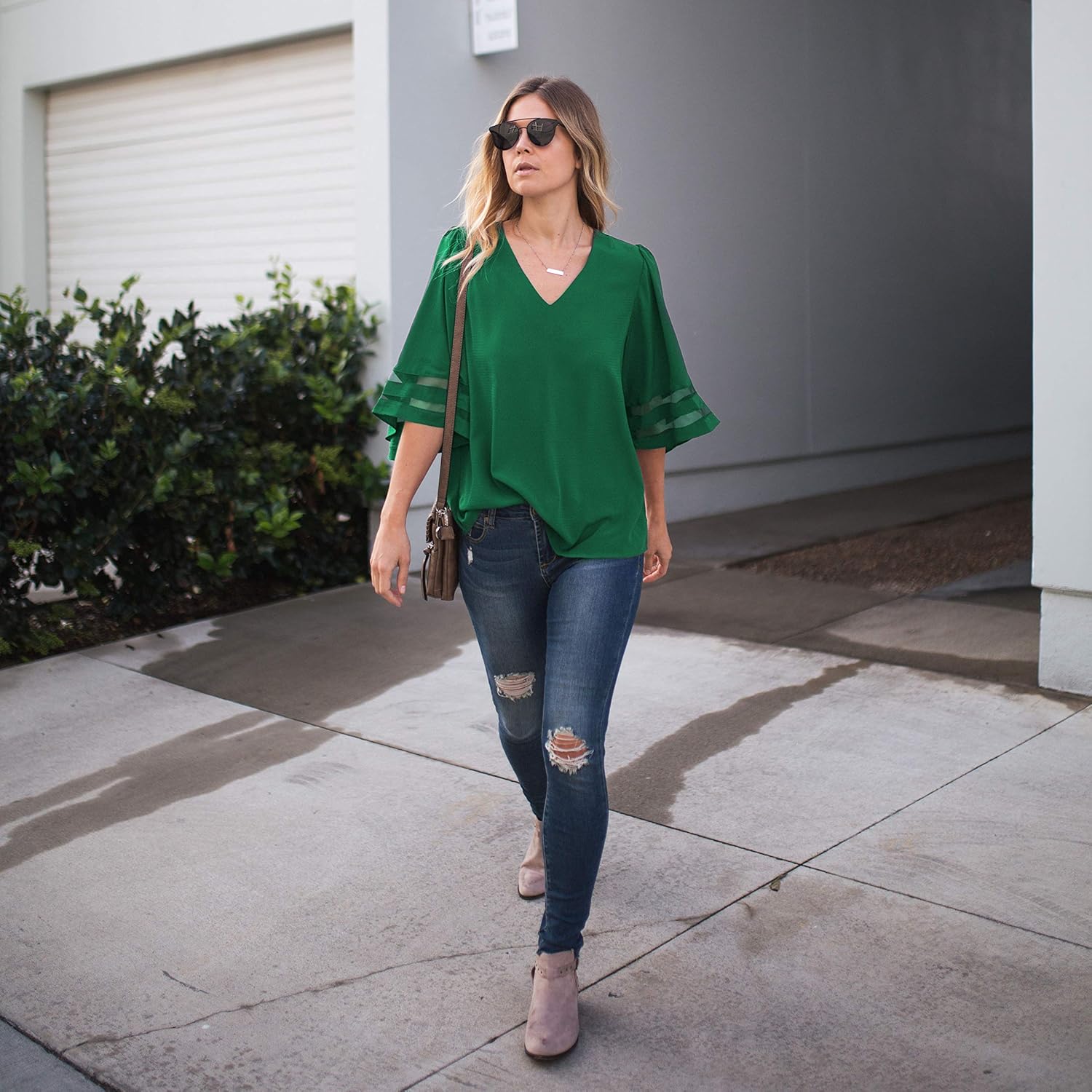 Amaryllis Apparel Women's Mesh-Inset Bell-Sleeve V-Neck Blouse | 100% Polyester