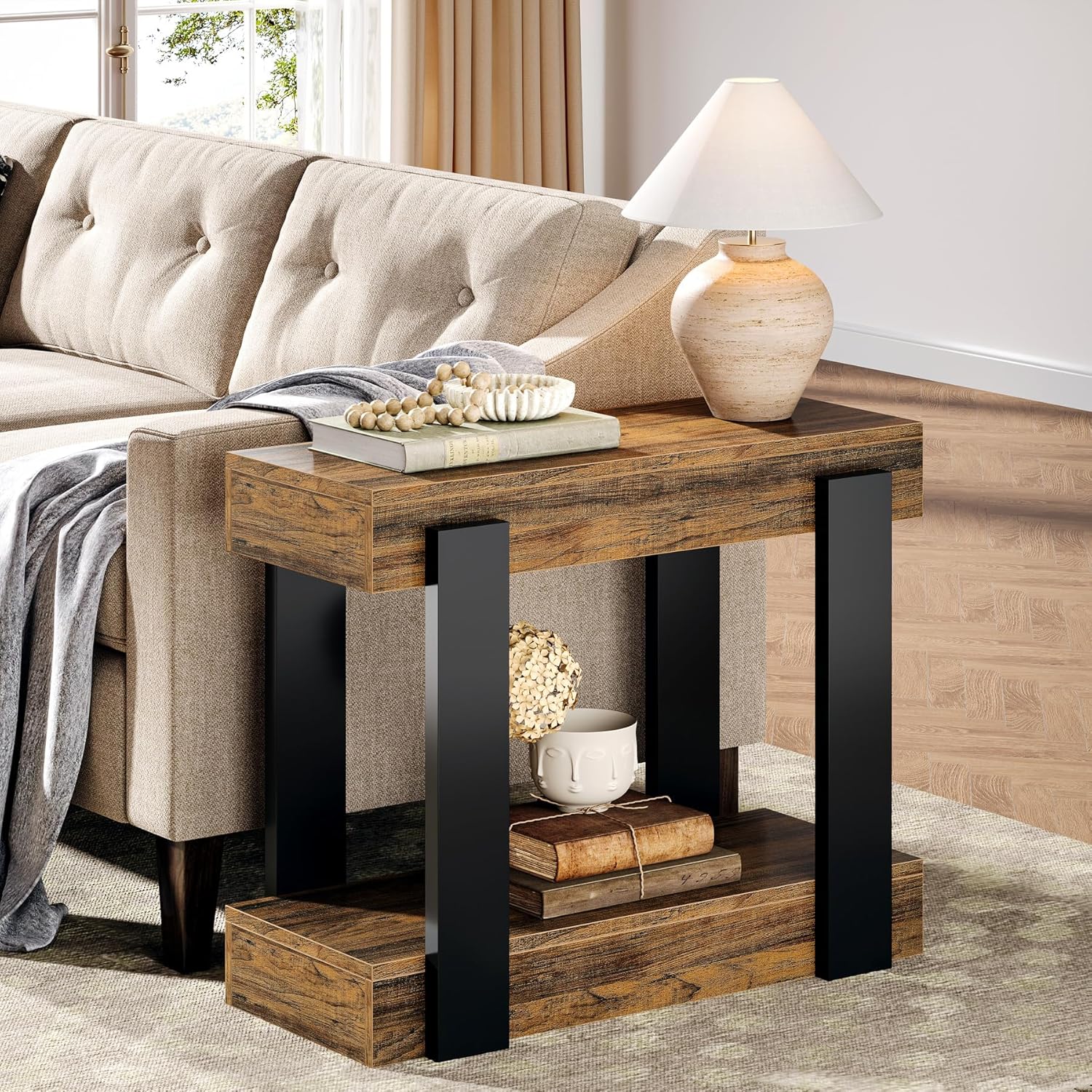 Tribesigns Narrow End Table, 2-Tier Farmhouse Side Table with Storage Shelf for Living Room, Rectangular Night Stand and Bedside Tables for Bedroom, Rustic Brown&Black