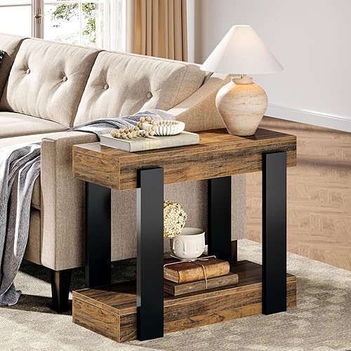 Miniatura 3 de Tribesigns Mesa auxiliar, mesa auxiliar estrecha de 2 niveles para sala de estar, mesitas de noche rectangulares de granja con estante de
