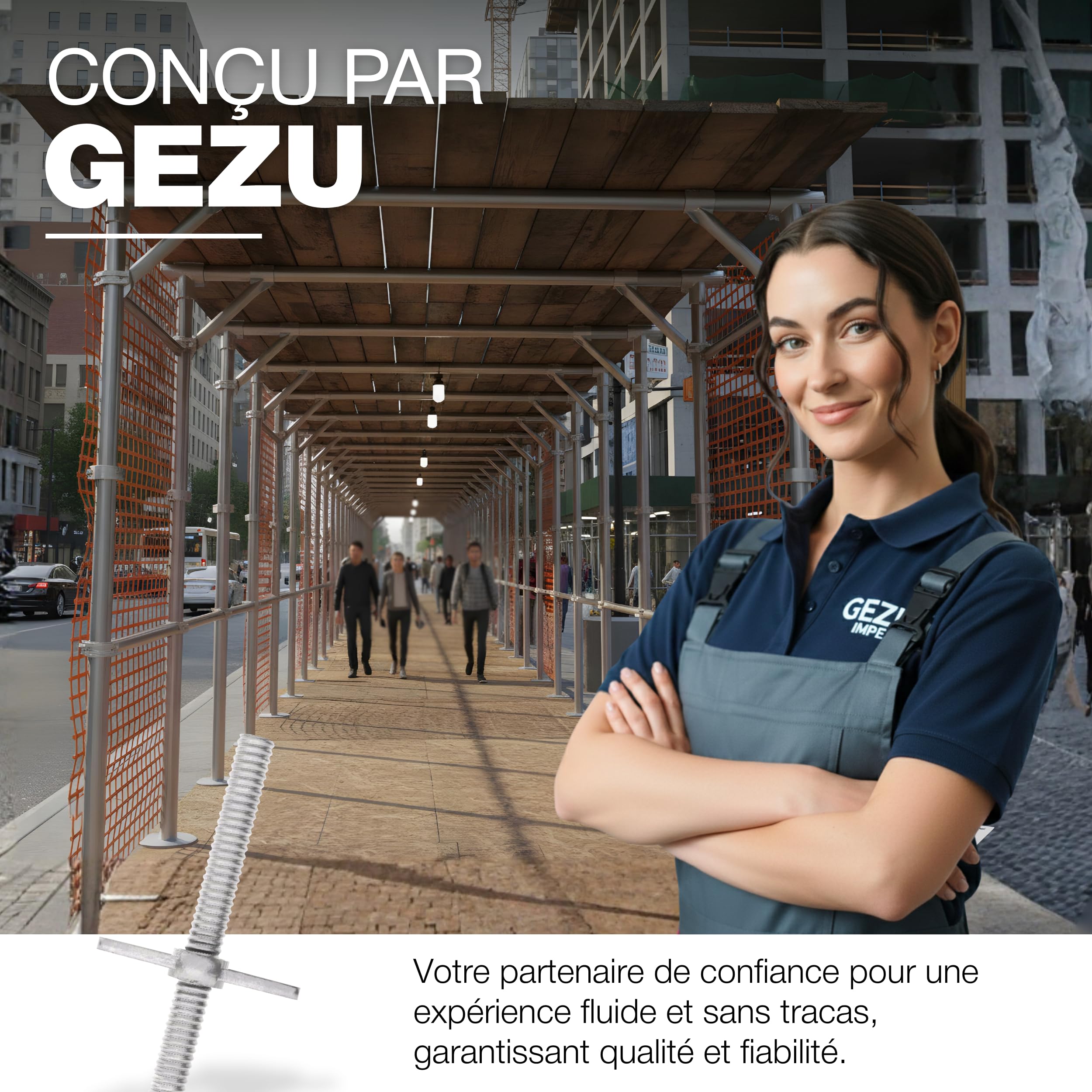 GeZu Impex Pied d'échafaudage avec Tige Filetée Ø 38 x 1000 mm | Galvanisé à Chaud plaques de pieds réglables