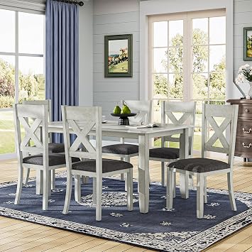 Peatuk 6-Piece Solid Wood Dining Table Set for 6, Modern Breakfast Dinette Kitchen Table with Chairs for Dining Room, Kitchen, Grey