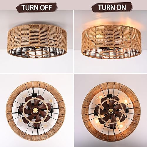 Miniatura 6 de Ventiladores de techo enjaulados con cuerda de cáñamo ligero, ventilador de techo bohemio de perfil bajo con luz y control remoto, ventiladores de