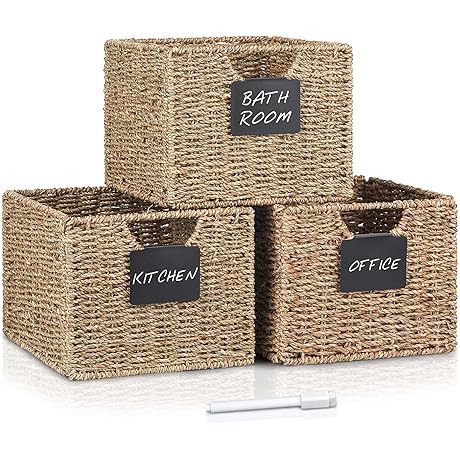 Seagrass Basket with Labels: Perfect for Shelf Storage and Organization
