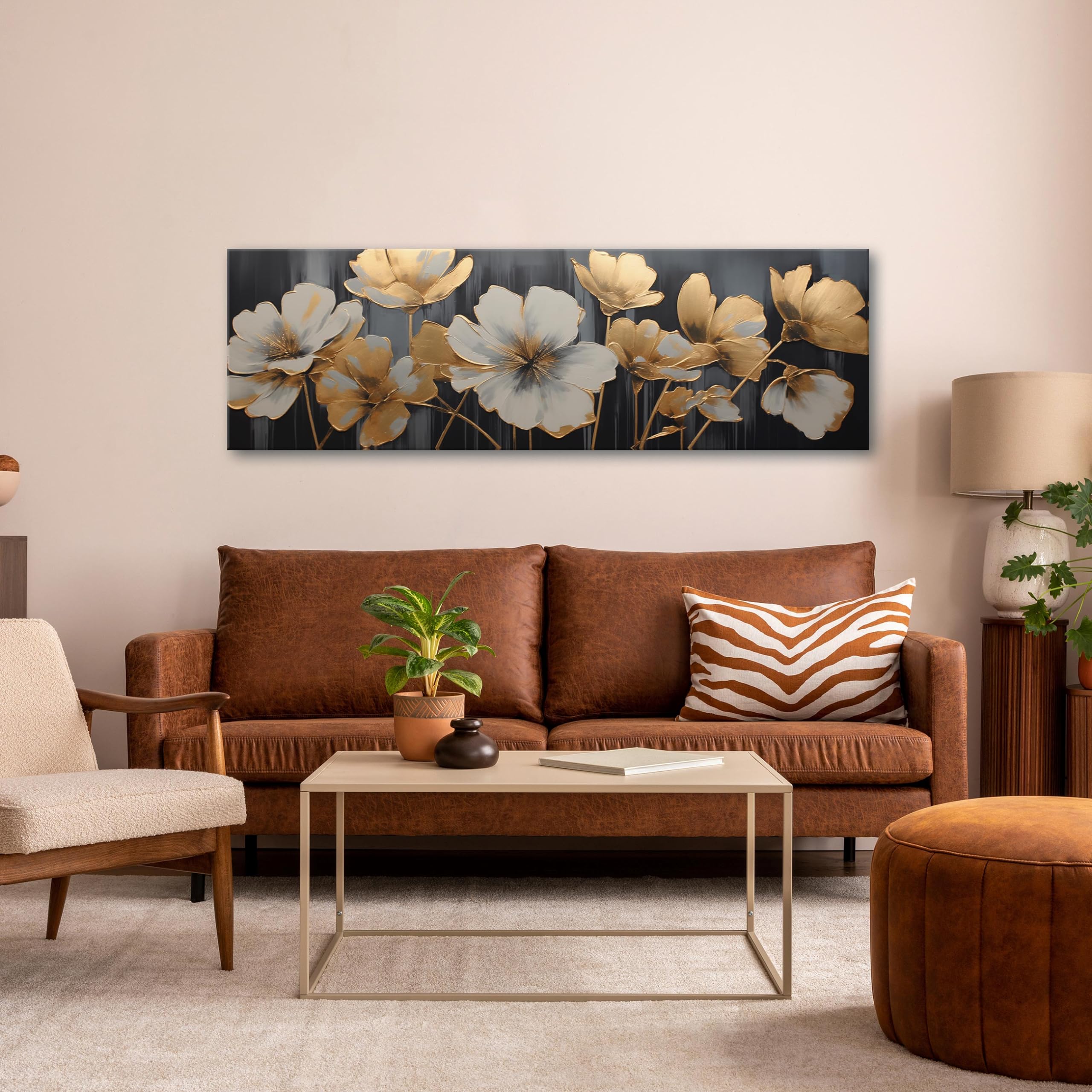 Obrazy kwiatowe, abstrakcja, złoty, 145 x 45 cm, nowoczesny panoramiczny obraz na płótnie, duży XXL, do salonu, sypialni, obraz ścienny, druk artystyczny, obraz na płótnie, gotowy do zawieszenia