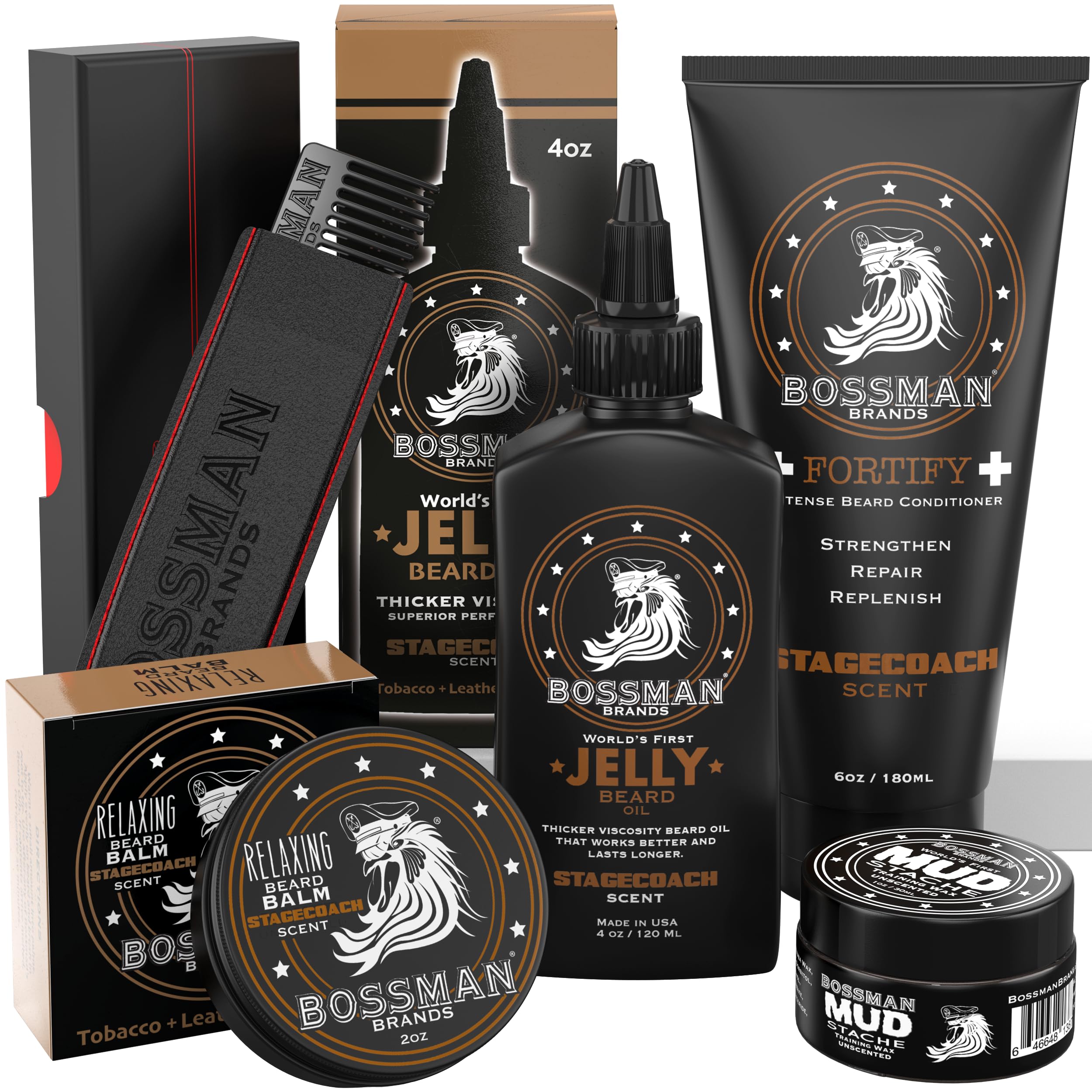 Bossman Complete Beard Kit – Men's Beard Oil Jelly, Fortifying Shower Conditioner, Balm, Mustache Wax & Comb – Beard Softener & Grooming Care – Men Gift Set (Stagecoach Scented)