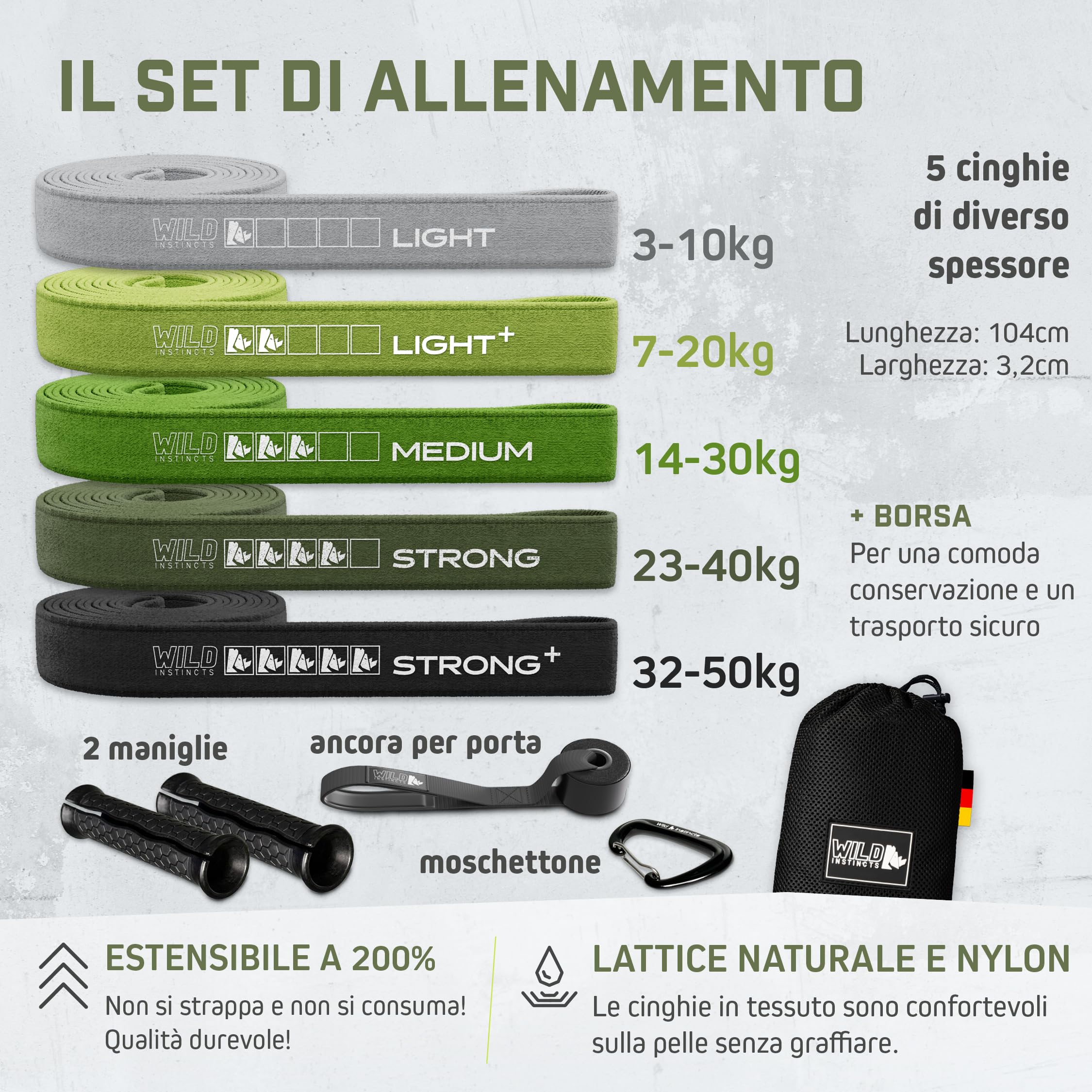 Wild Instincts Fasce per fitness in tessuto/fasce di resistenza lunghe/fascia da ginnastica in tessuto/fascia da fitness, fasce lunghe per allenamento
