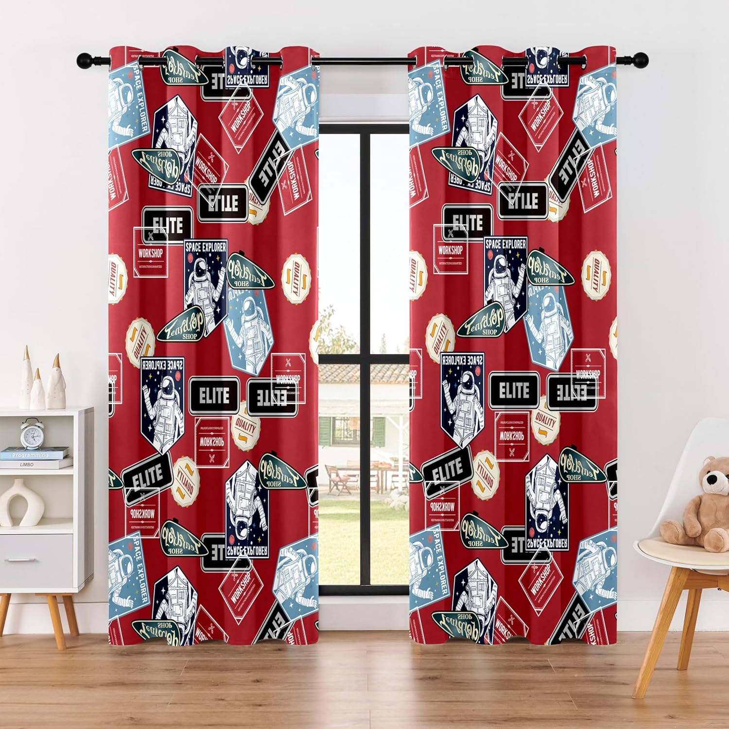 Kids Space Astronaut Blackout Curtains - 100% Blackout, Thermal Insulated, Noise Reducing, Perfect for Kids Room and Nersury, 2 Panels (Space Badge Crew, W52×L84)