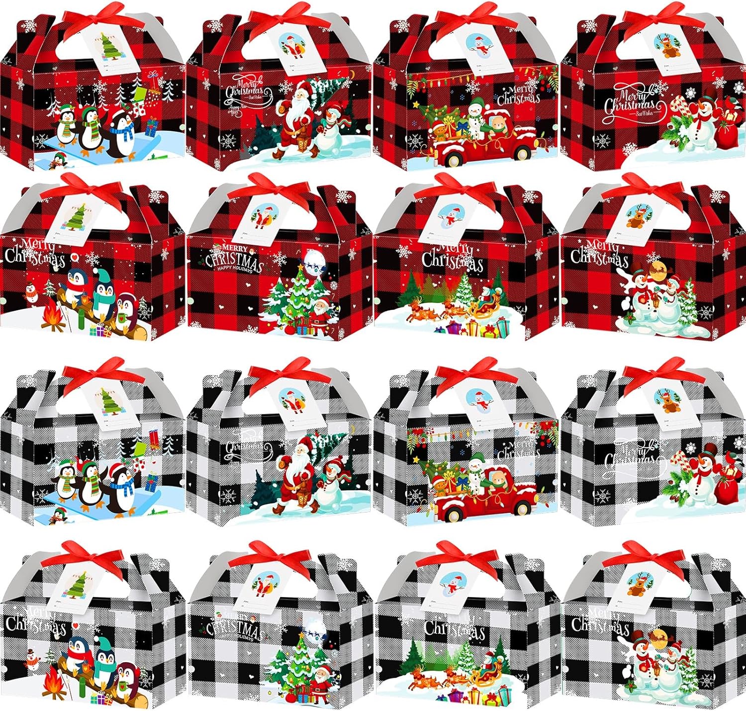 Zhanmai 100 Pieces Bulk Christmas Gift Boxes Gable Candy Boxes Buffalo Plaid Xmas Treat Boxes with Gift Tag and Ribbon 3D Cardboard Goodie Boxes for Gift Giving Christmas Party Favor(Red and White)