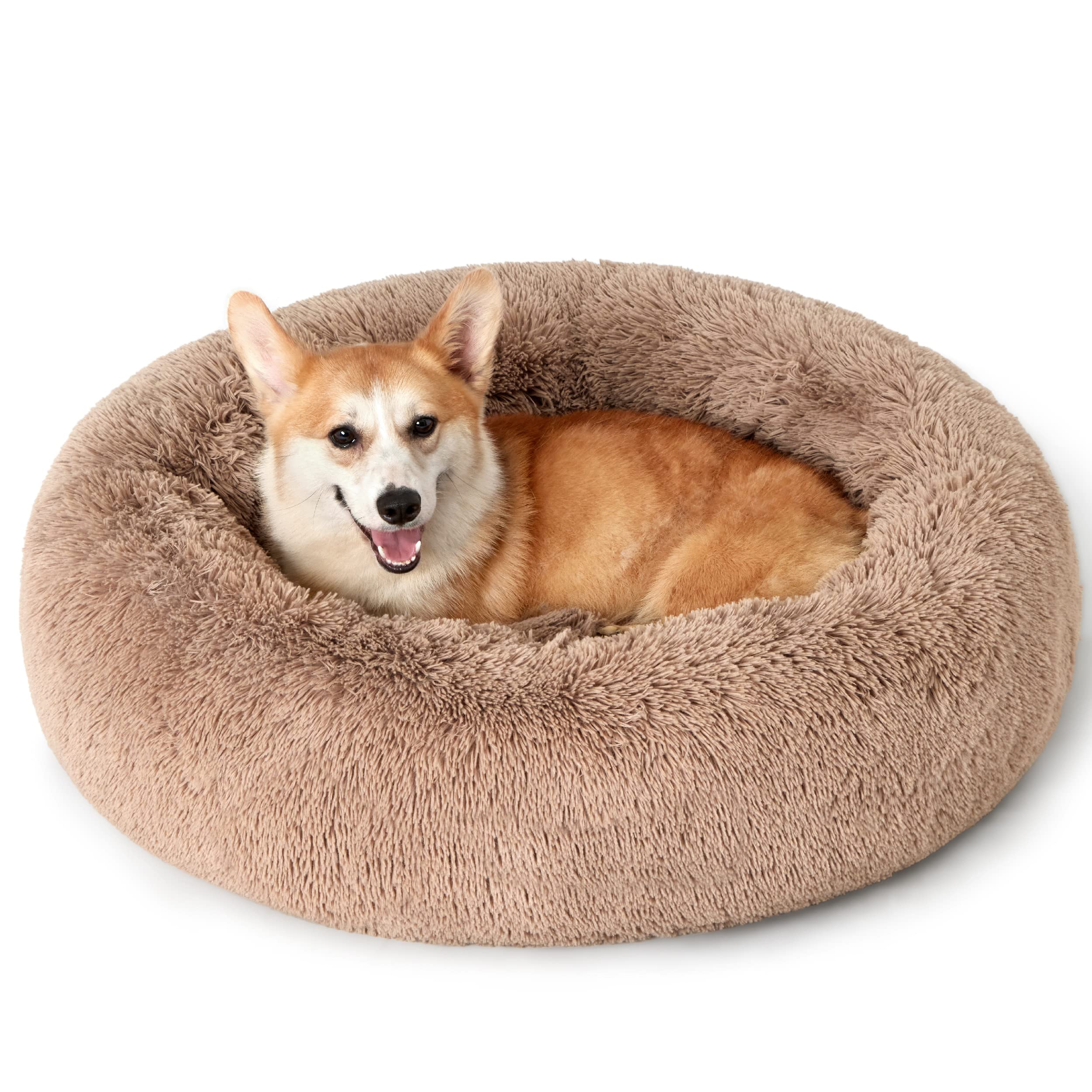 Bedsure Katzenbett waschbar Flauschiges Katzenbett - Ø 60 cm Katzenschlafplatz für Katzen und kleine Hunde, plüsch Katzenkissen rund Kuschelbett, Kamel