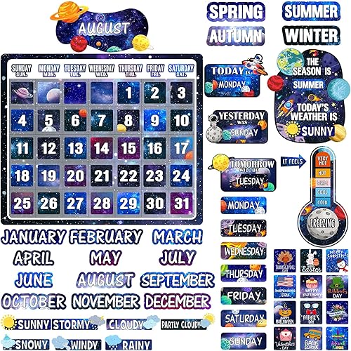 Cholemy Juego de tablero de anuncios con calendario de la galaxia de 85 piezas, calendario de aula del espacio exterior, tablero de anuncios con