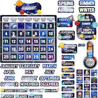 Cholemy 85 Pcs Galaxy Calendar Bulletin Board Set Outer Space Classroom Calendar Space Theme Bulletin Board with Numbers Month Weather for Back to School Chalkboard Wall Classroom Decoration Supplies