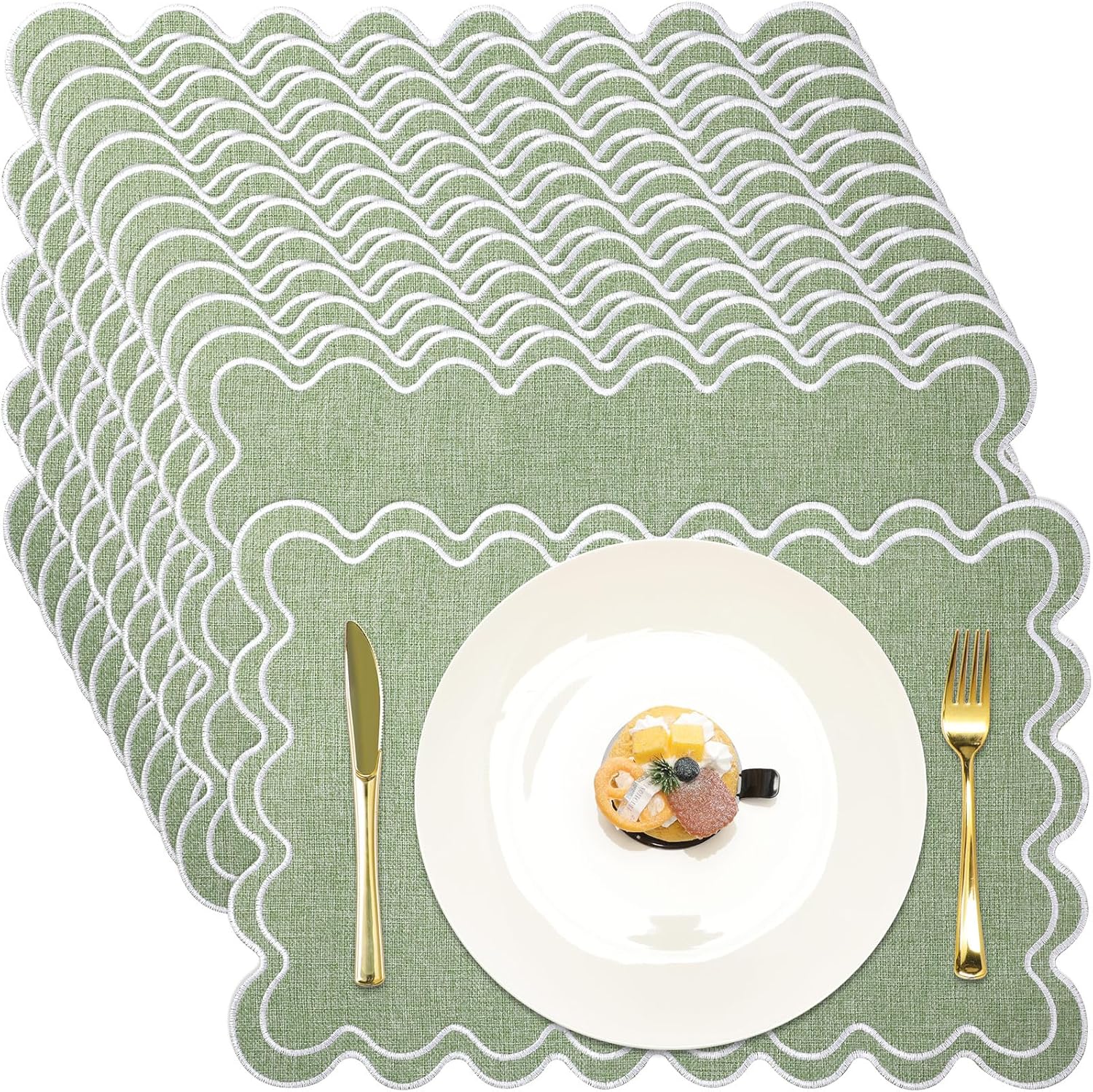 Linen Placemats Set of 12 Scalloped Placemat 13 X19 Wavy Embroidery Double Layered Washable Farmhouse Dinner Fabric Table Mat Napkin for Wedding Party Christmas Hotel Restaurant(Sage Green)