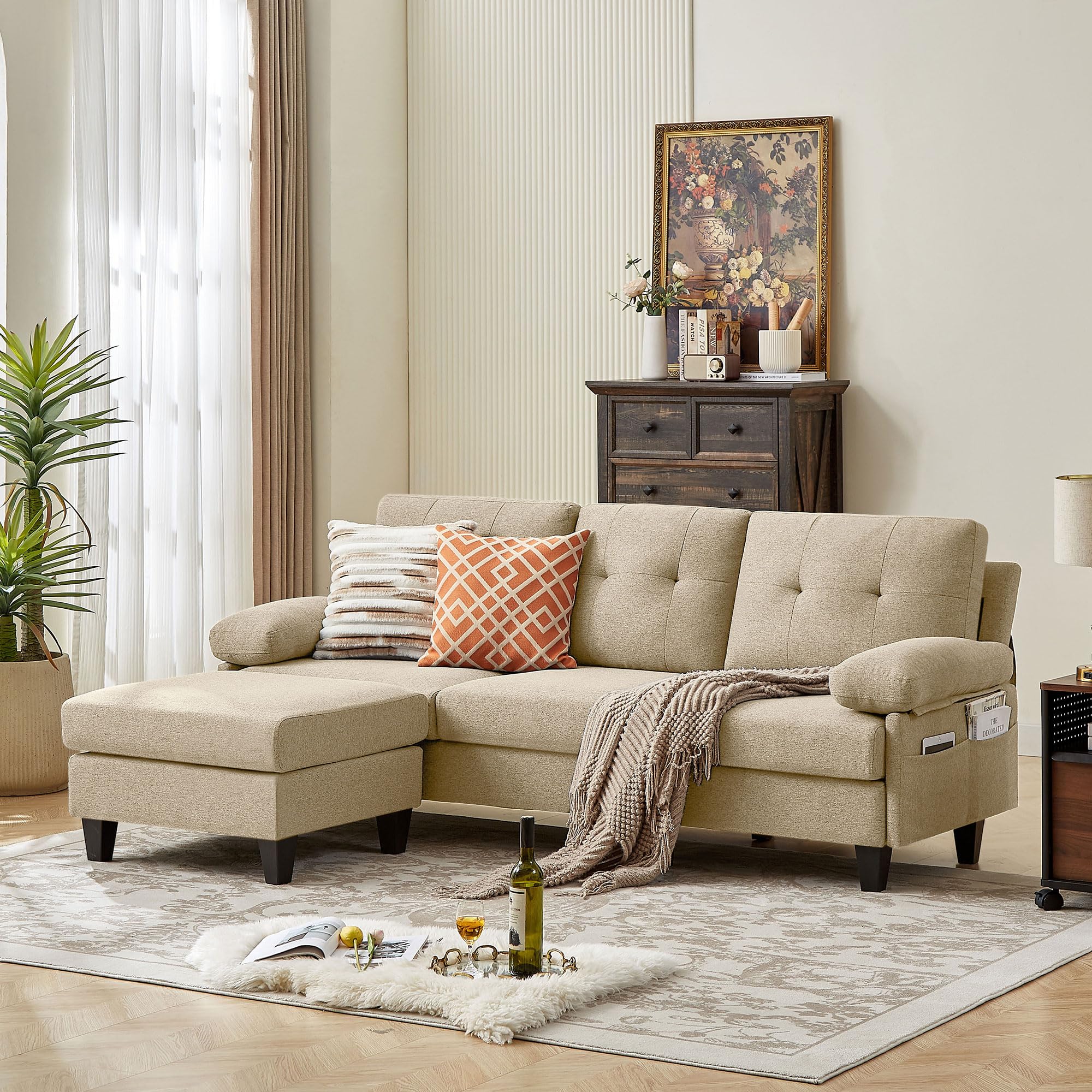 86" Convertible Sectional Sofa Couch, Modern Linen Fabric L Shaped Couch with Reversible Chaise, Upholstered Deep Seat Cushion 3 Seater Sofa for Small Space Apartment (Beige)