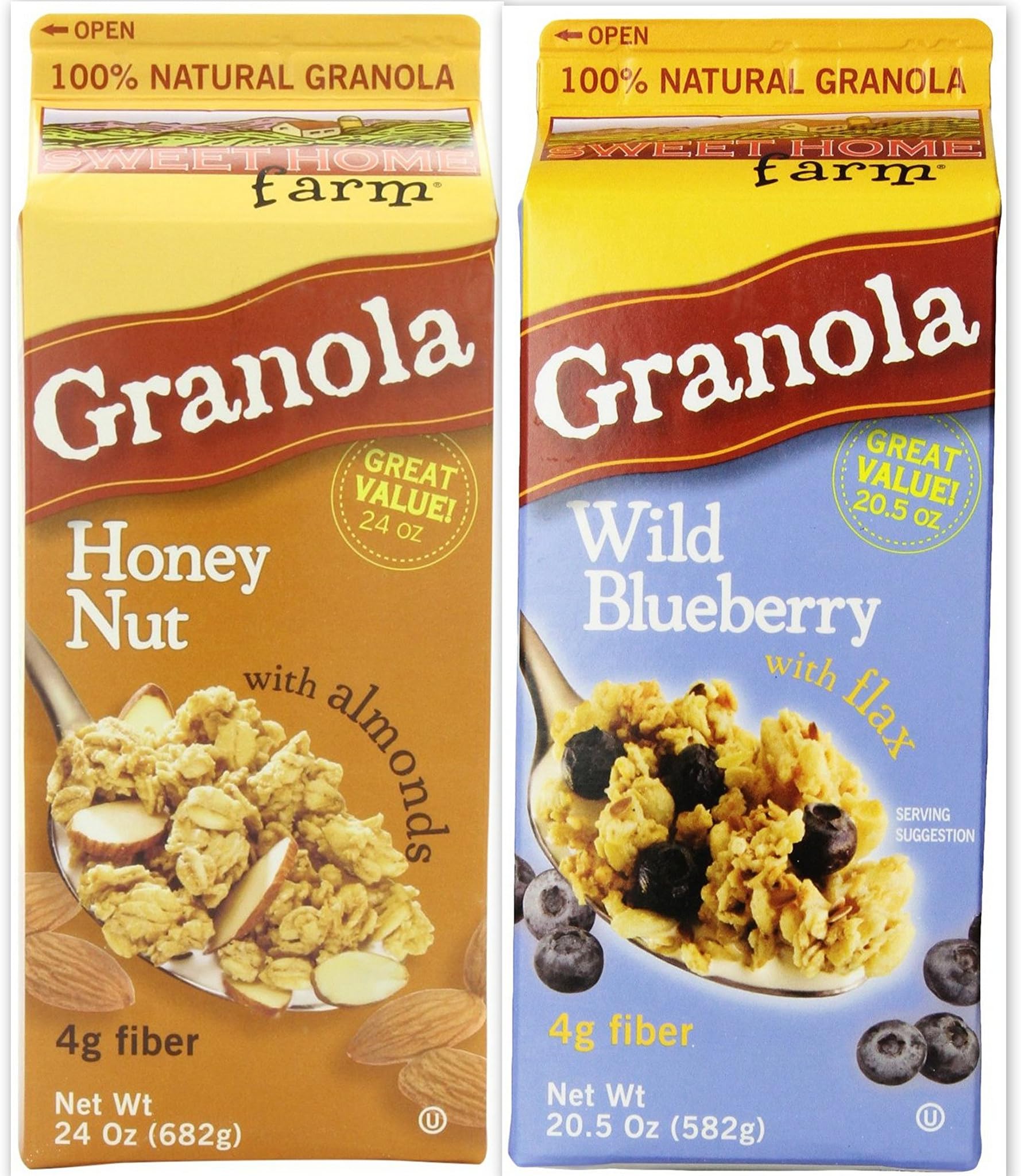 Sweet Home Farm Granola Cereal Variety Bundle, (Pack of 2) includes 1-Carton, 20.5 oz Wild Blueberry with flax + 1-Carton, 24 oz Honey Nut with almonds