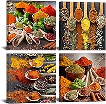 HOMEOART Kitchen Pictures Wall Decor 4 Piece Set Colorful Spices and Spoon Painting Canvas Wall Art Prints Framed Ready to Hang 12"x12"x4 Panels Dining Room Restaurant Home Wall Decor