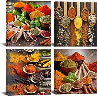 Kitchen Pictures Wall Decor 4 Piece Set Colorful Spices and Spoon Painting Canvas Wall Art Prints Framed Ready to Hang 12"x12"x4 Panels Dining Room Restaurant Home Wall Decor