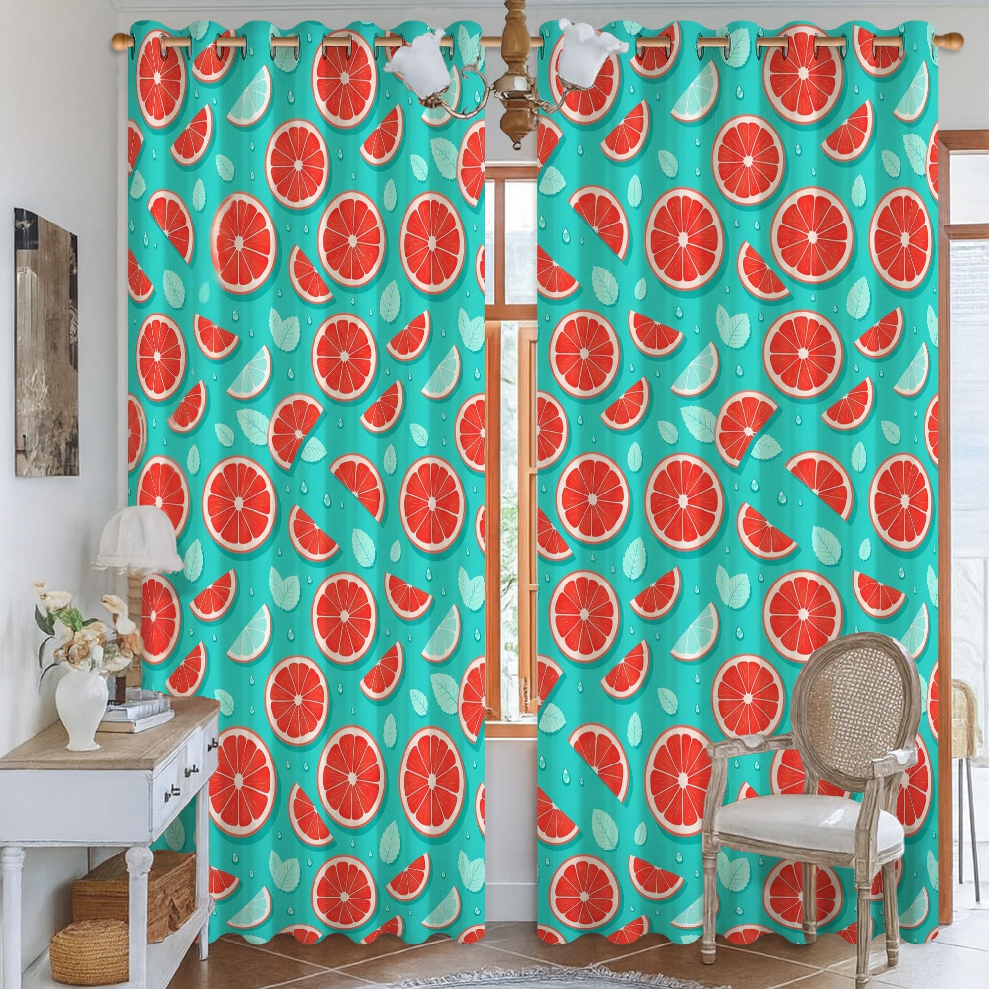Rideaux occultants oranges tropicaux au design feuille de citron lavables